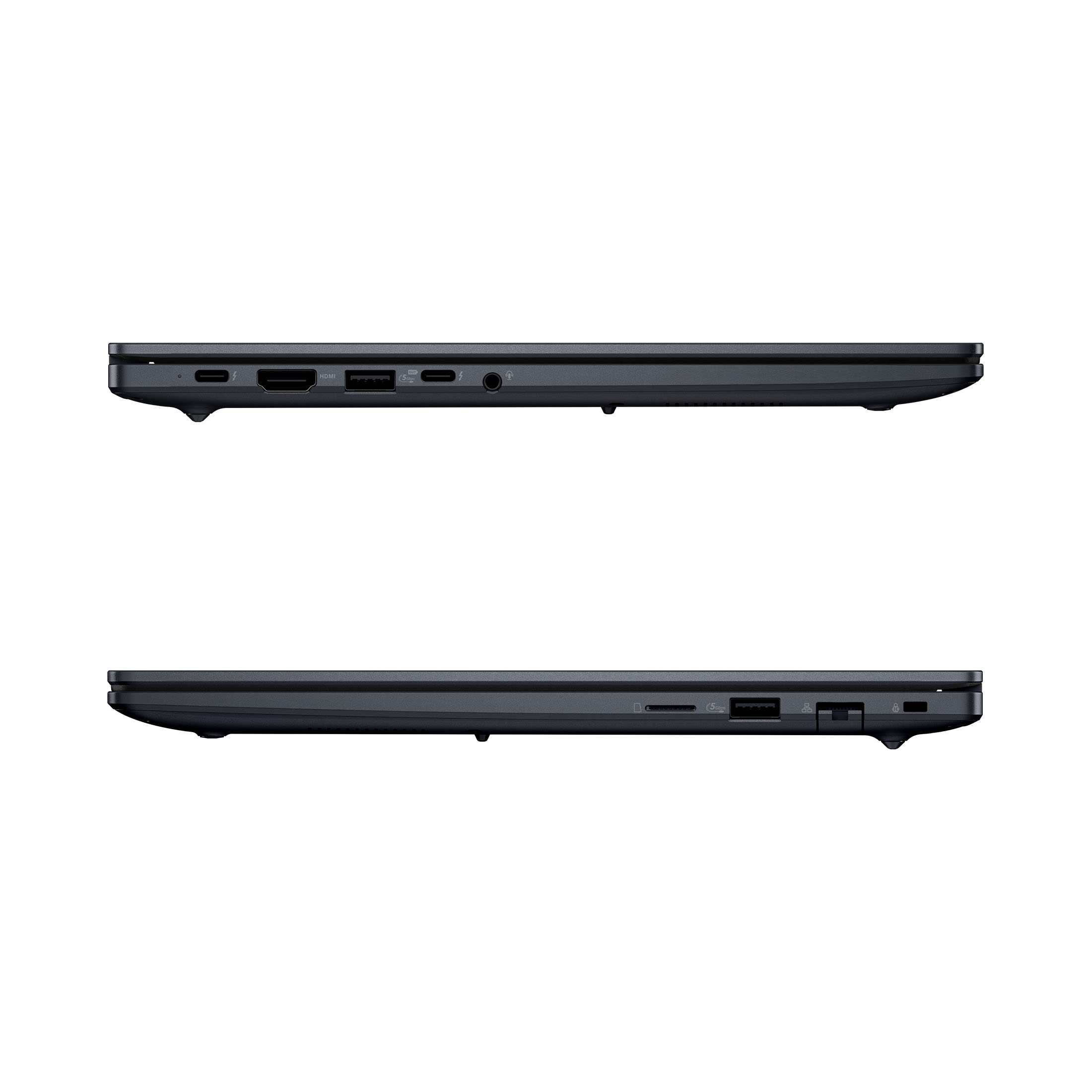 Zwei Seitenansichten eines dunkelblauen Laptops, die Anschlüsse und Details zeigen, auf weißem Hintergrund.