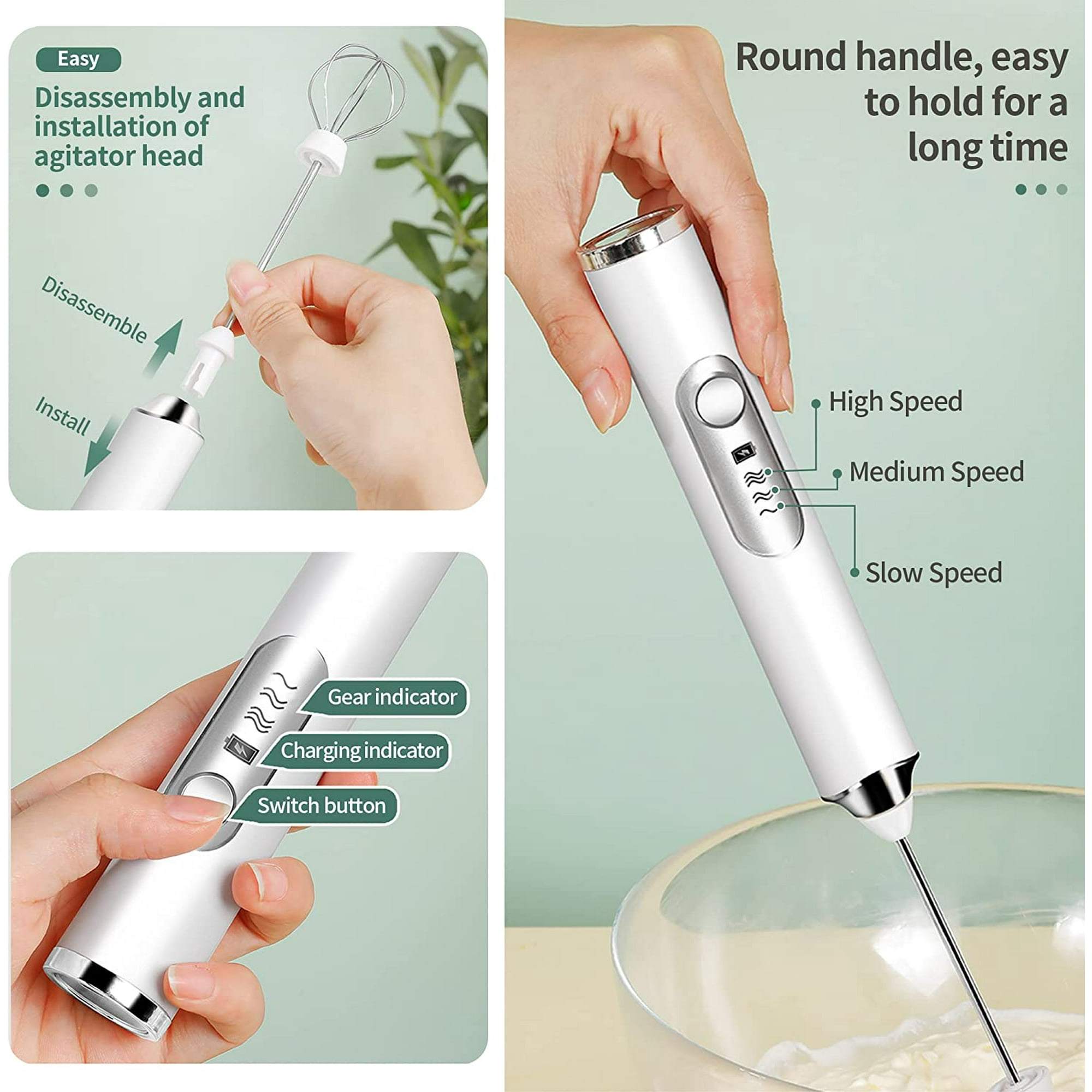 Nahaufnahme eines Handmixers mit beschrifteten Funktionen und Gebrauch.