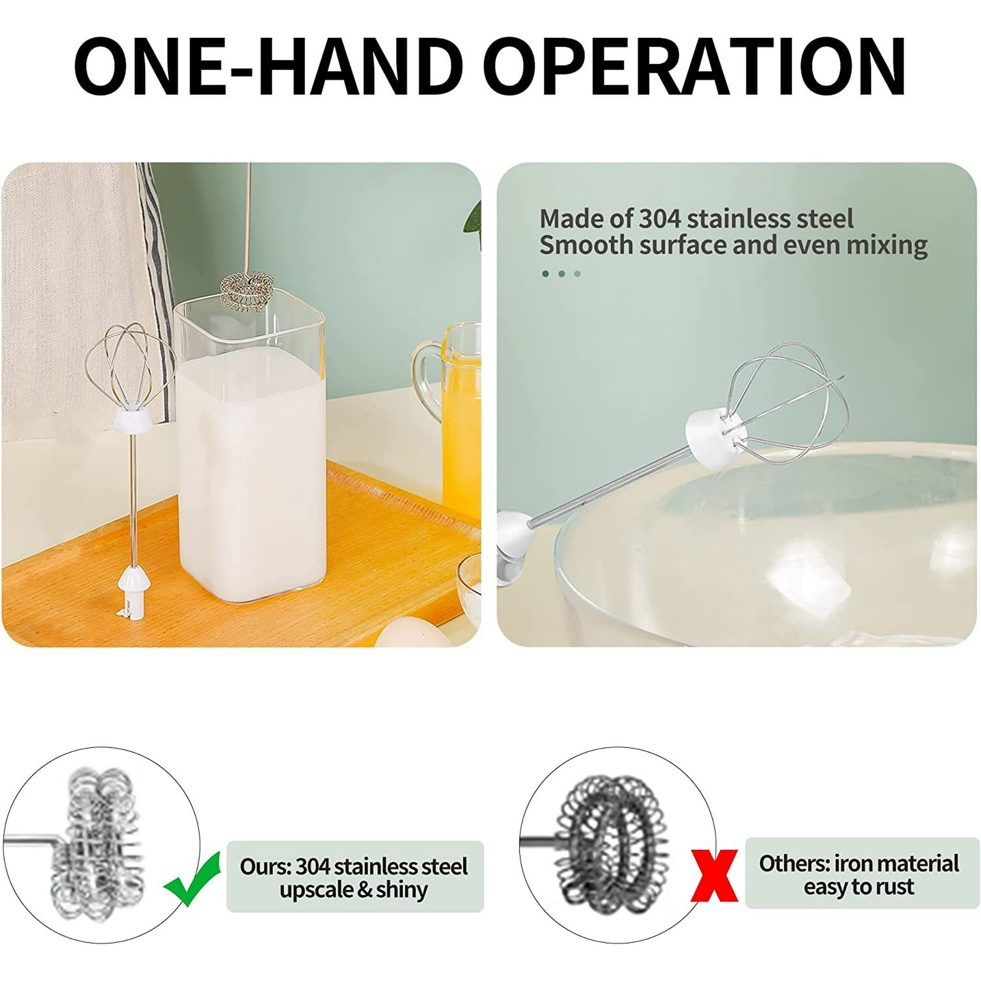 Bilder zeigen einen Handmixer beim Milchmixen, mit Details zu Edelstahlteilen.