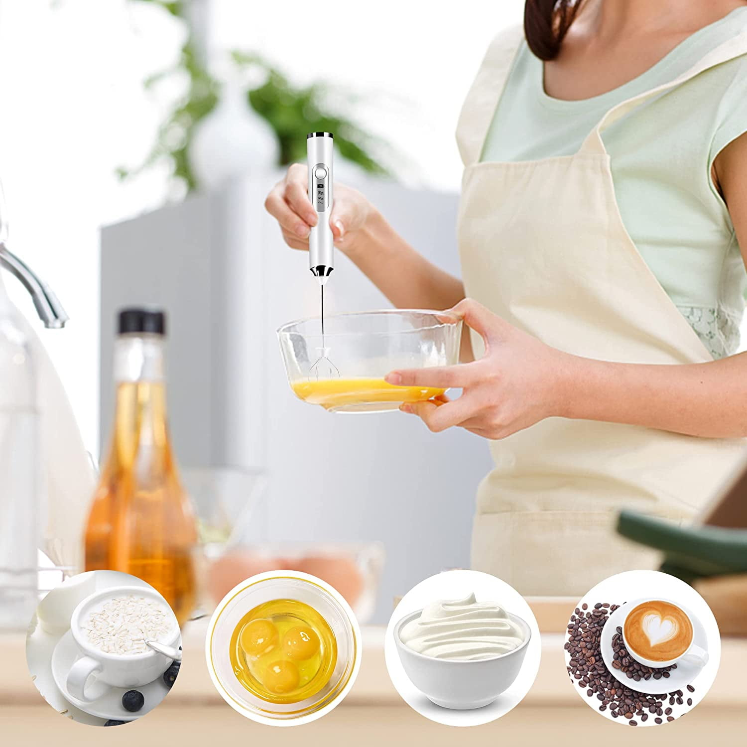 Frau benutzt einen Handmixer. Zutaten sind: Mehl, Eier, Sahne und Kaffee.