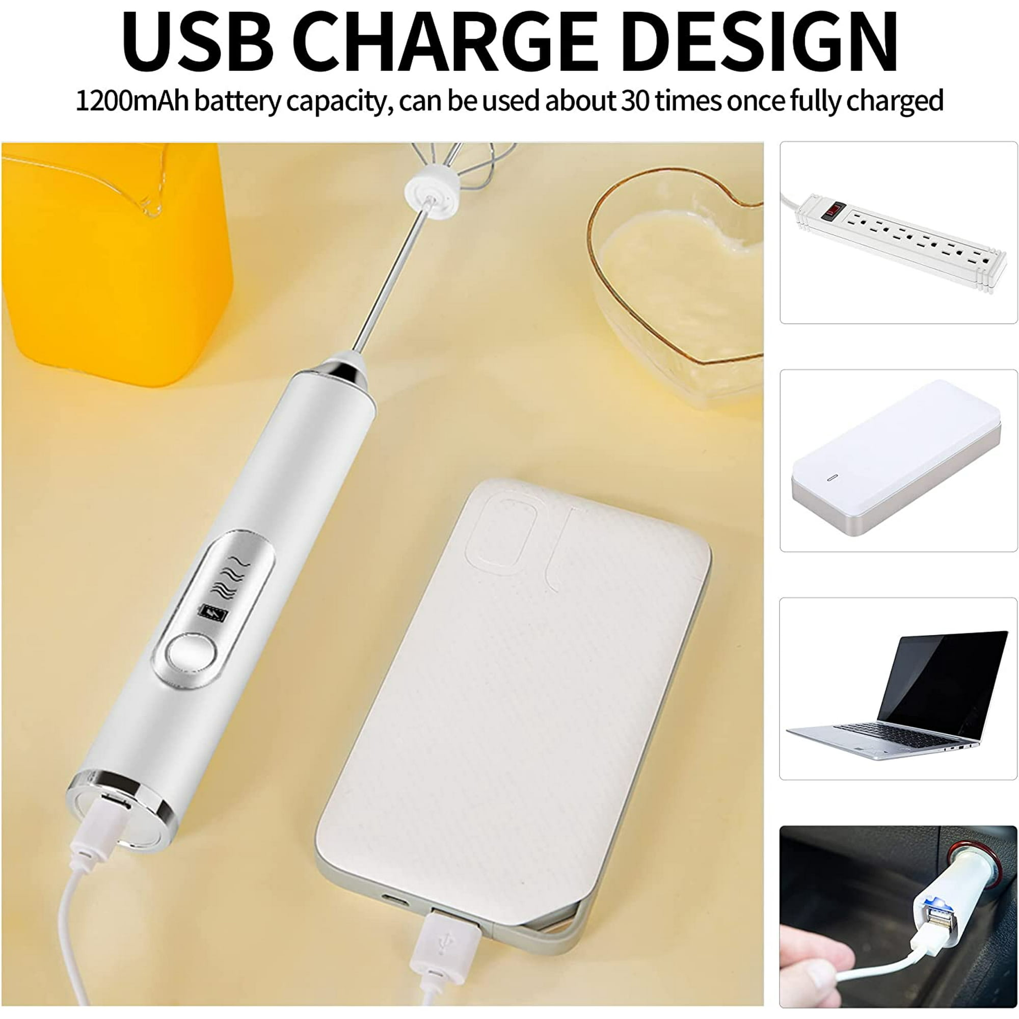 Ein weißer Handmixer wird über USB mit einer Powerbank aufgeladen. Weitere Lademöglichkeiten sind ebenfalls dargestellt.
