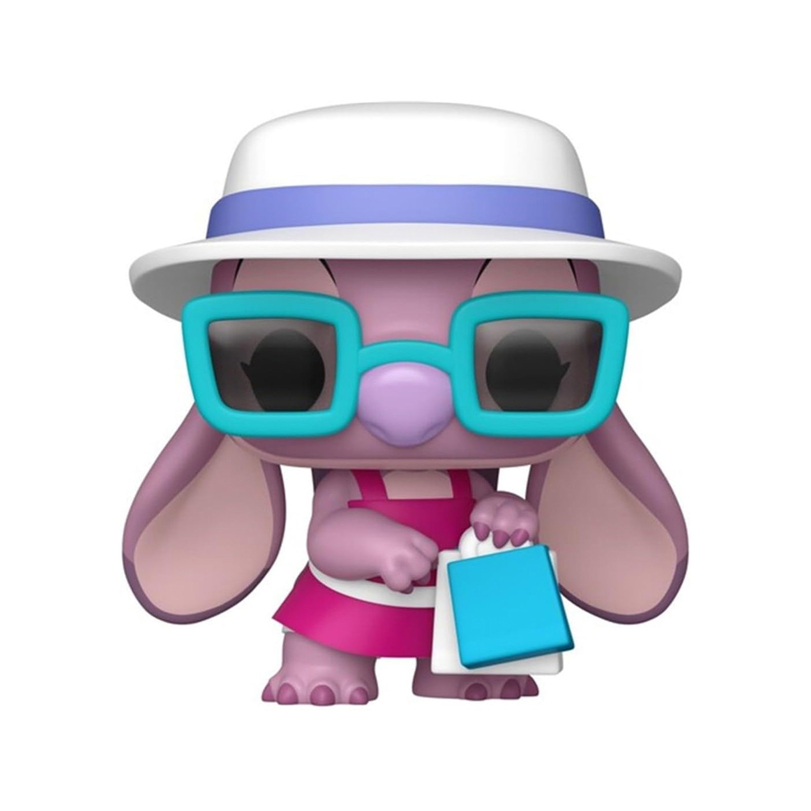Funko Pop Figur von Angel Stitch mit Hut, Brille und blauer Tasche.