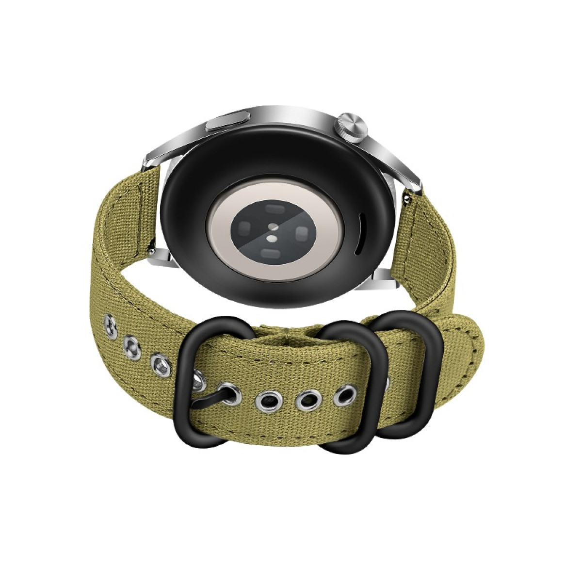 Eine Smartwatch mit grünem Armband. Die Rückseite der Uhr hat einen Sensor.