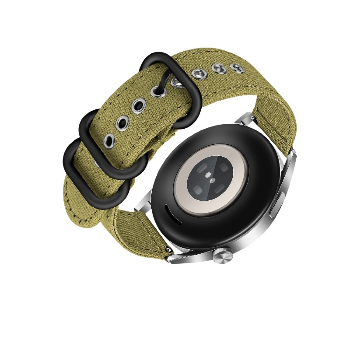 Smartwatch, Gehäuseboden schwarz, mit grünem Armband und schwarzen Schnallen. Weißer Hintergrund.