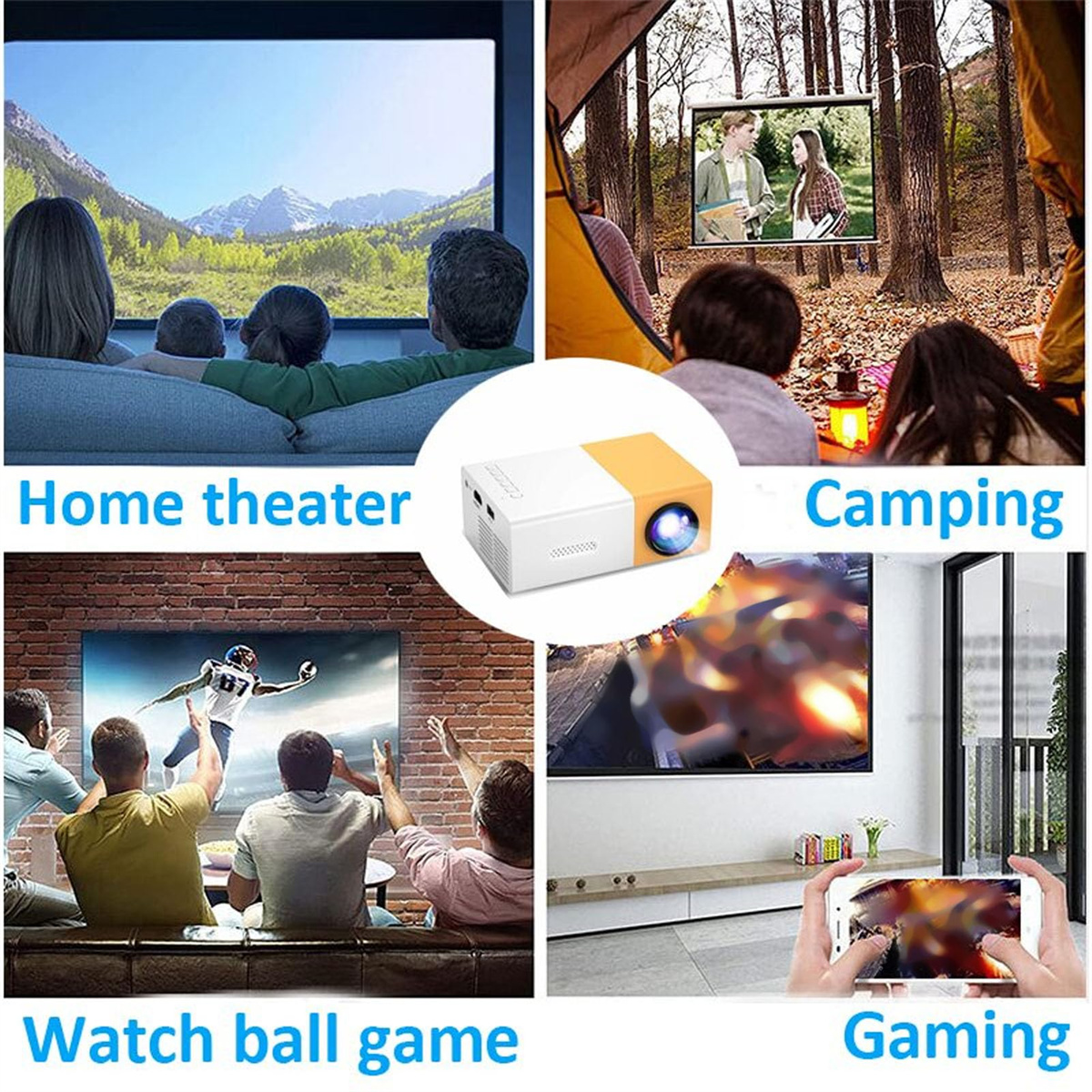 Mini-Projektor in verschiedenen Umgebungen: Heimkino, Camping, Ballspiel schauen und Gaming.