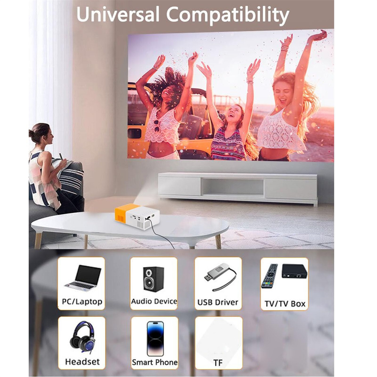 Mini-Projektor mit verschiedenen Geräten: Laptop, Lautsprecher, USB-Treiber, Fernseher usw. Personen im Hintergrund.