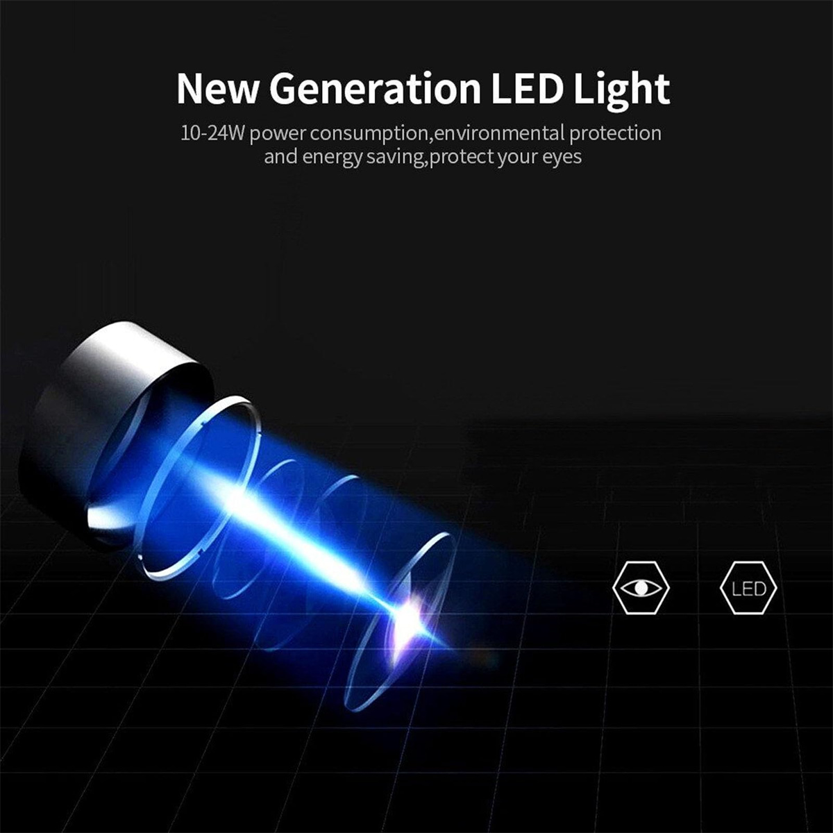 Ein blauer Lichtstrahl von einem Gerät. Zwei LED-Symbole sind im Hintergrund.