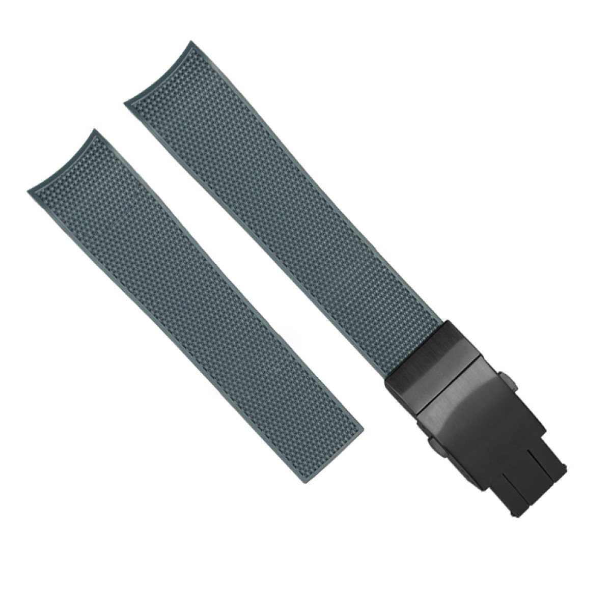 Zwei graue Uhrenarmbänder mit schwarzer Schließe. Die Armbänder sind strukturiert.
