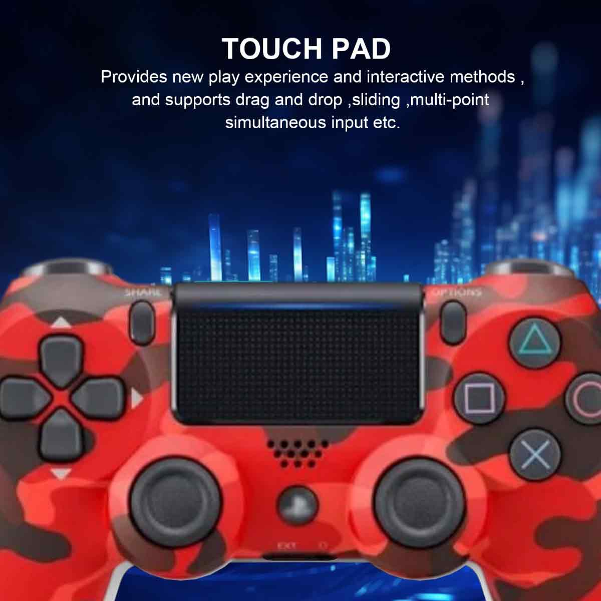 Gamecontroller mit rotem Tarnmuster und Text über ein Touchpad.