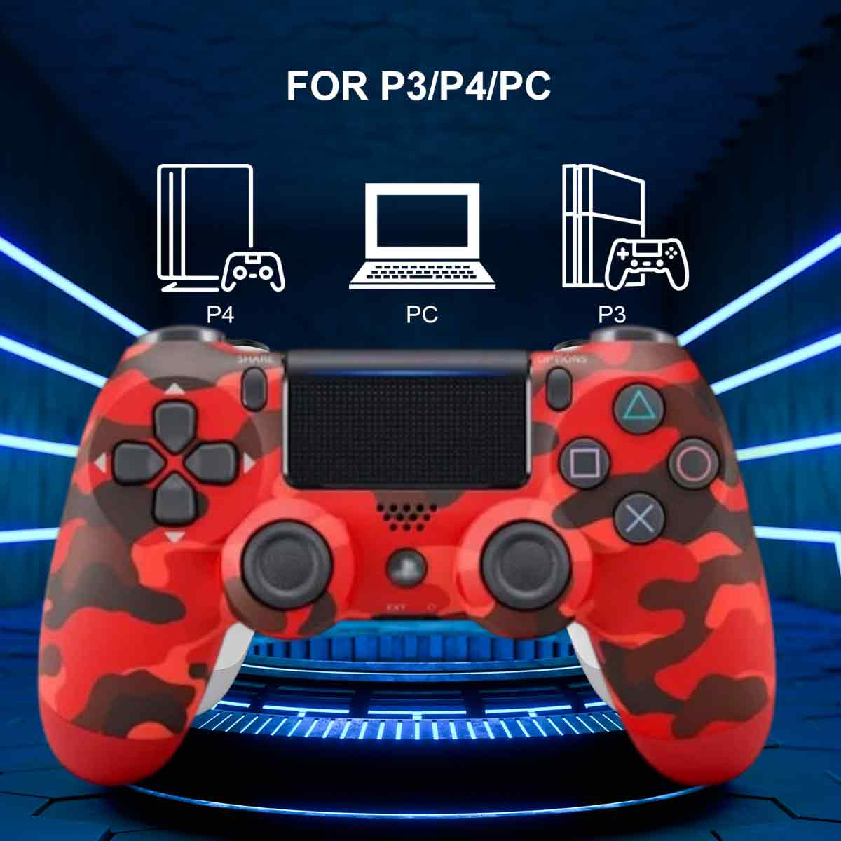 Rot-schwarzer Camouflage-PS4-Controller mit Tastenbeschriftung, mit Diagrammen für P3/P4/PC gezeigt.