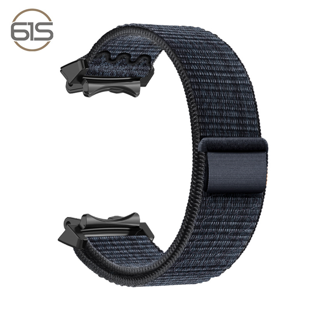 Cinturino blu navy con fibbia nera, sfondo bianco. Il cinturino è curvo.