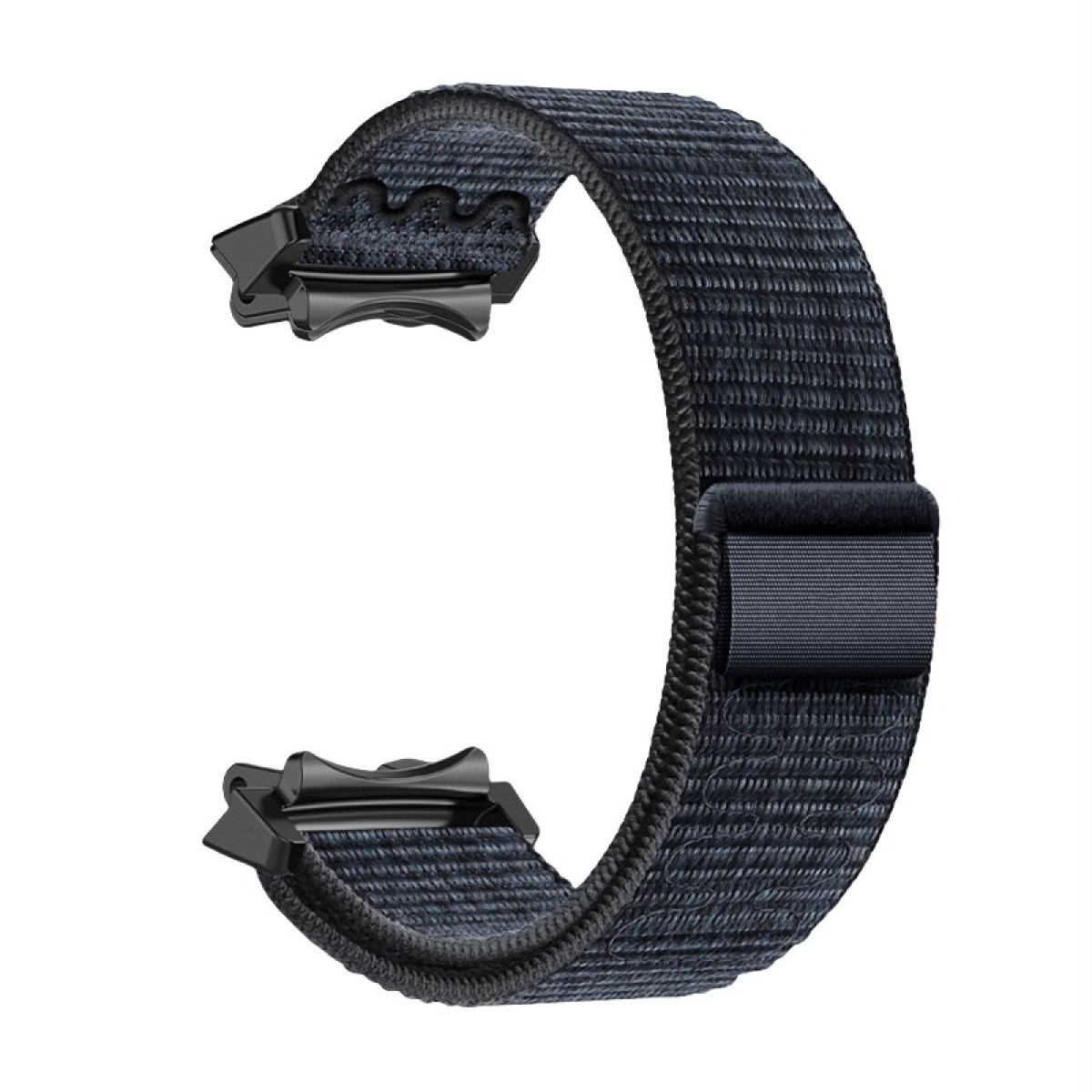 Un cinturino blu scuro, realizzato in materiale tessuto, con chiusure nere e una chiusura in velcro.