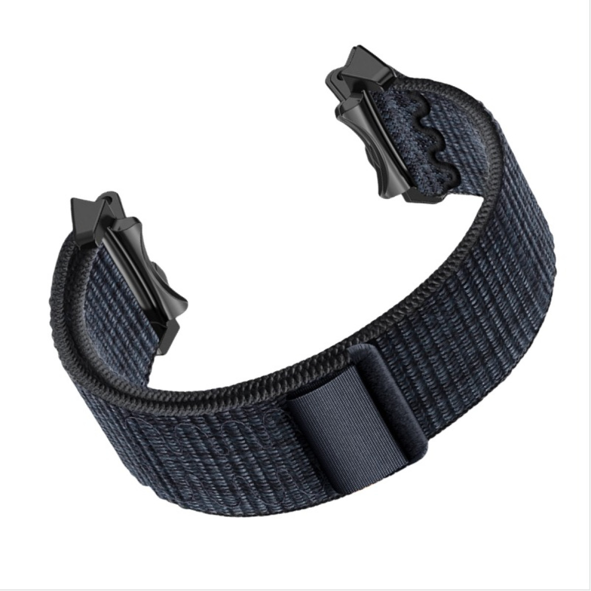 Cinturino blu navy curvo con fibbia nera su sfondo bianco. Cinturino aperto.