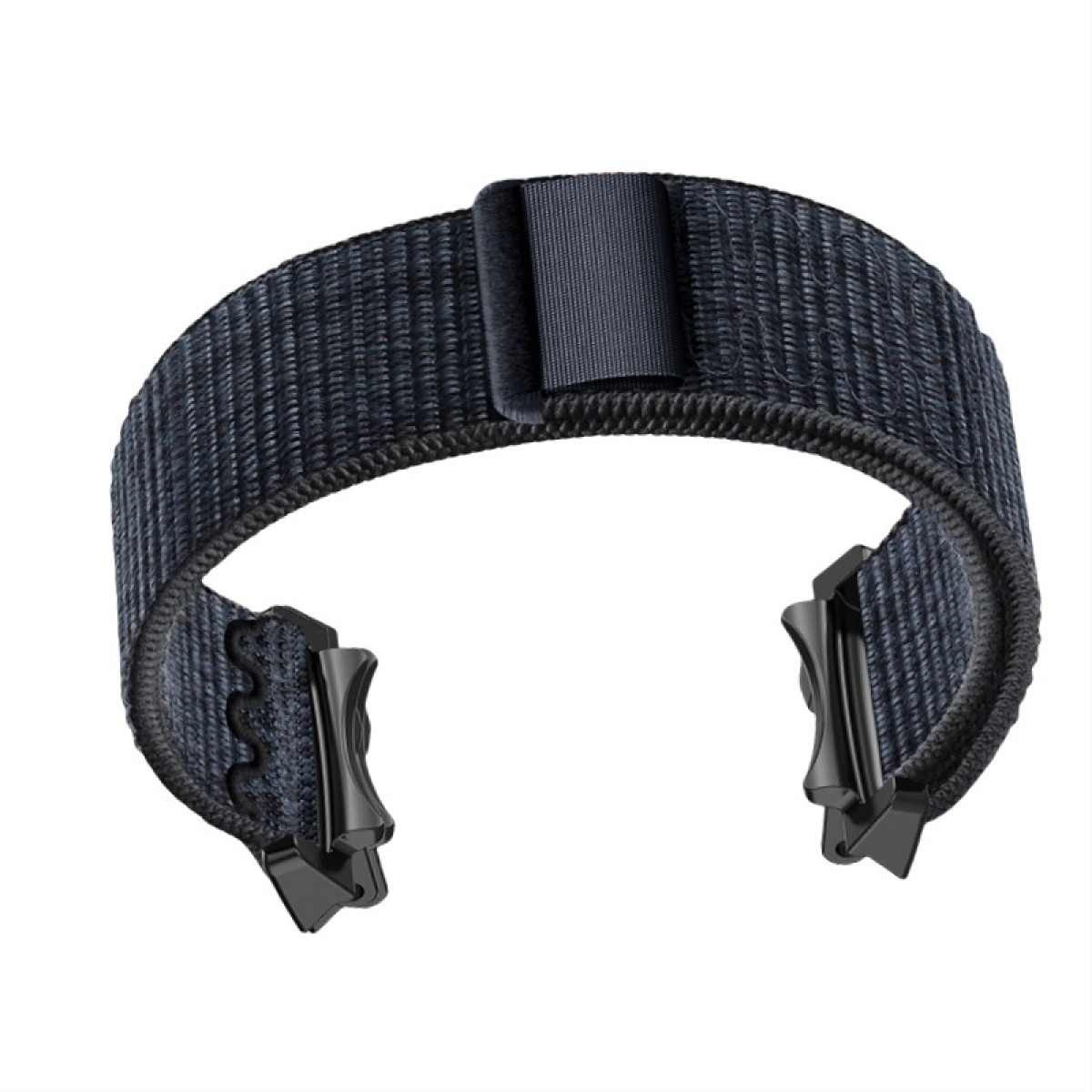 Cinturino blu navy con fibbia nera su sfondo bianco. Cinturino aperto.