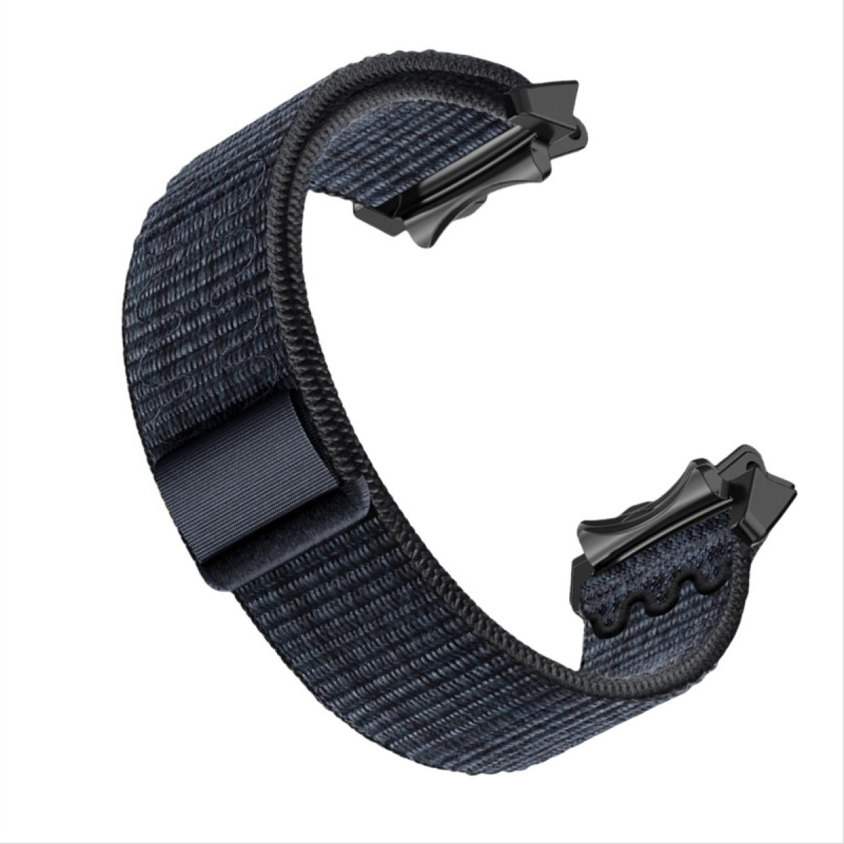 Un cinturino blu scuro, realizzato in materiale tessuto, con chiusure nere e una chiusura in velcro.