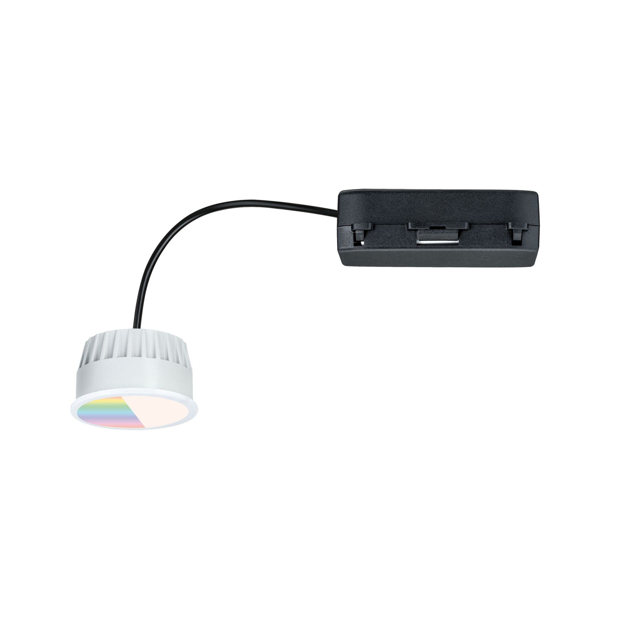 Ein kleines Licht mit einer schwarzen Box. Das Licht ist weiß mit farbig leuchtendem Ende und schwarzem Kabel.