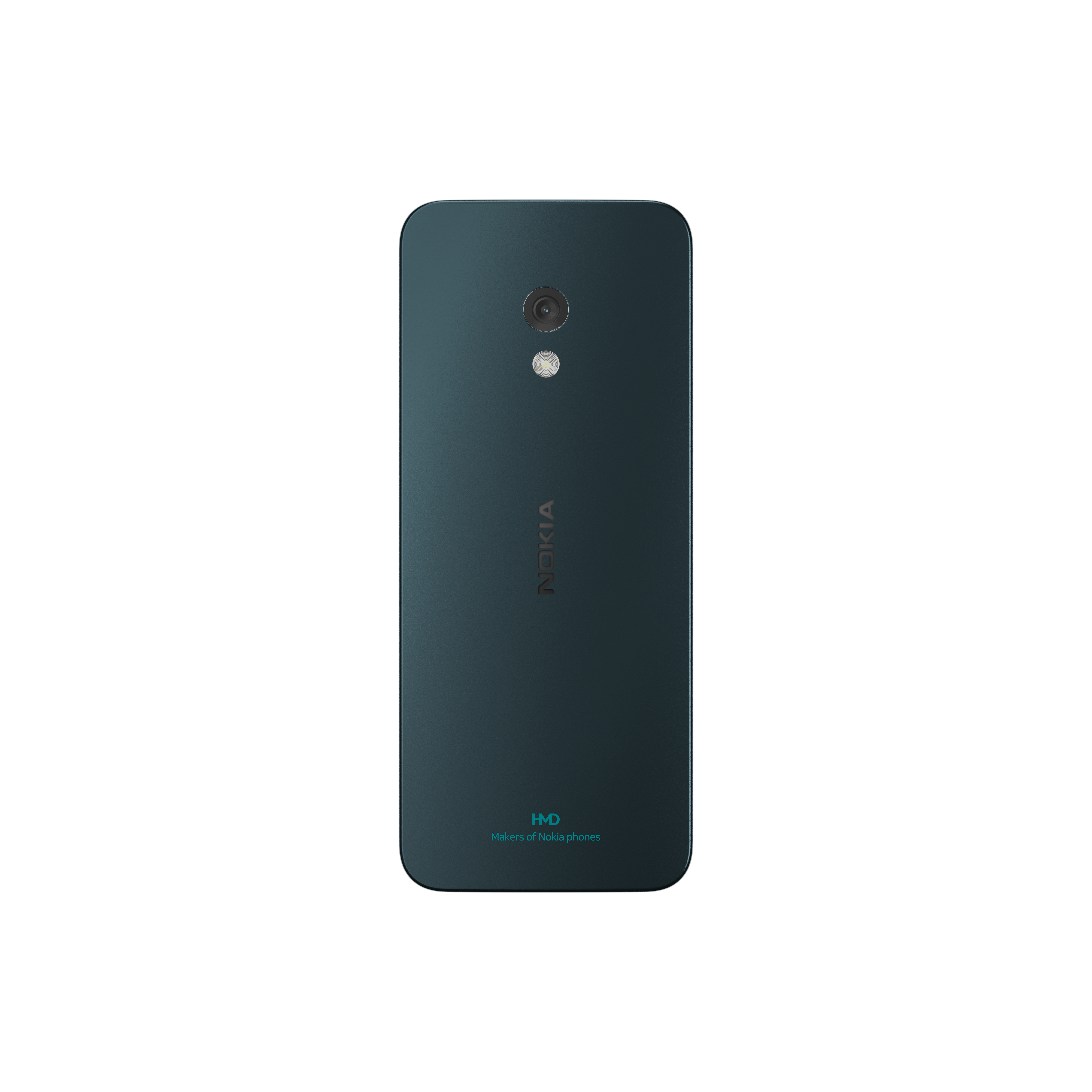 Tył ciemnozielonego telefonu Nokia z aparatem i logo. Białe tło.