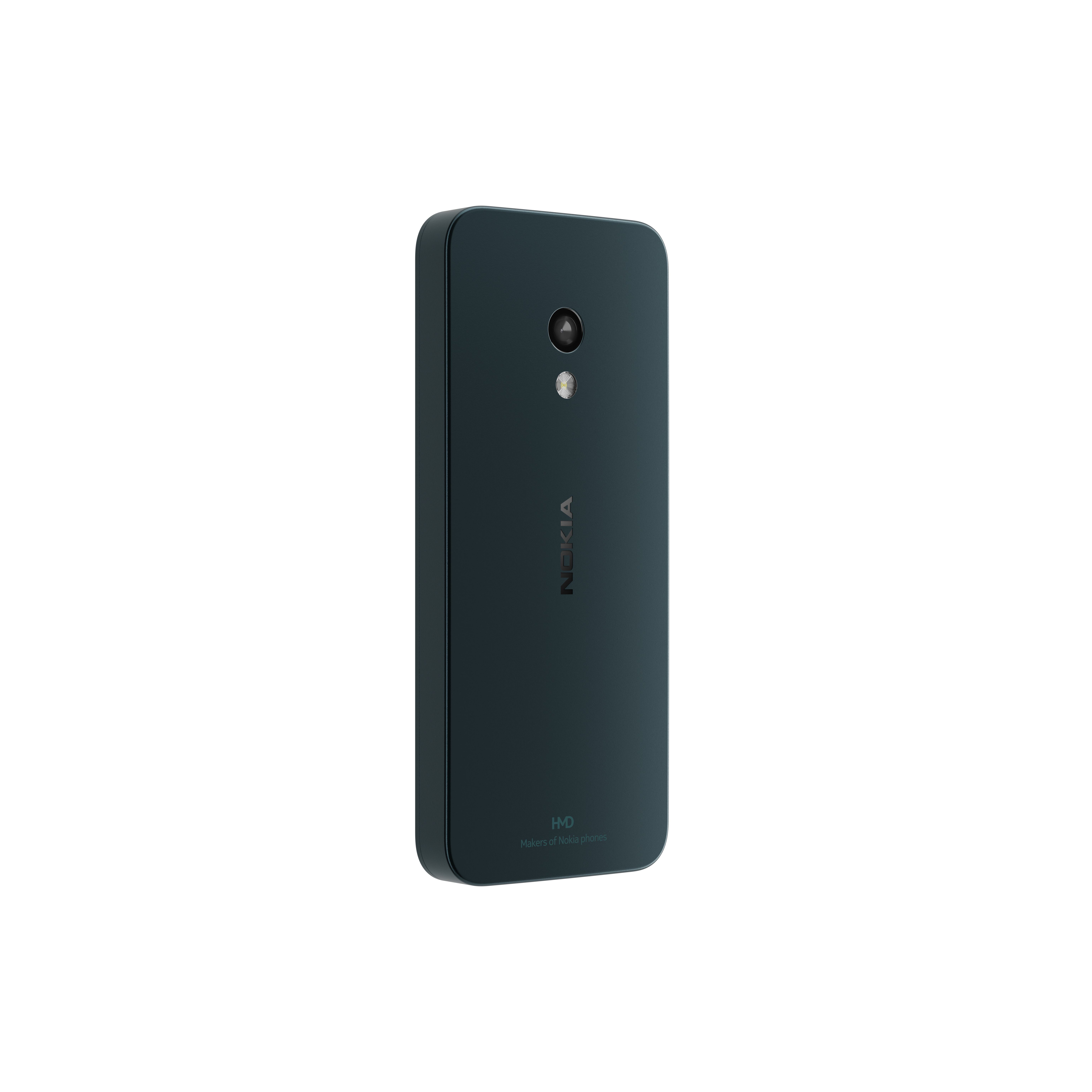 Tył ciemnozielonego telefonu Nokia z aparatem i logo. Białe tło.