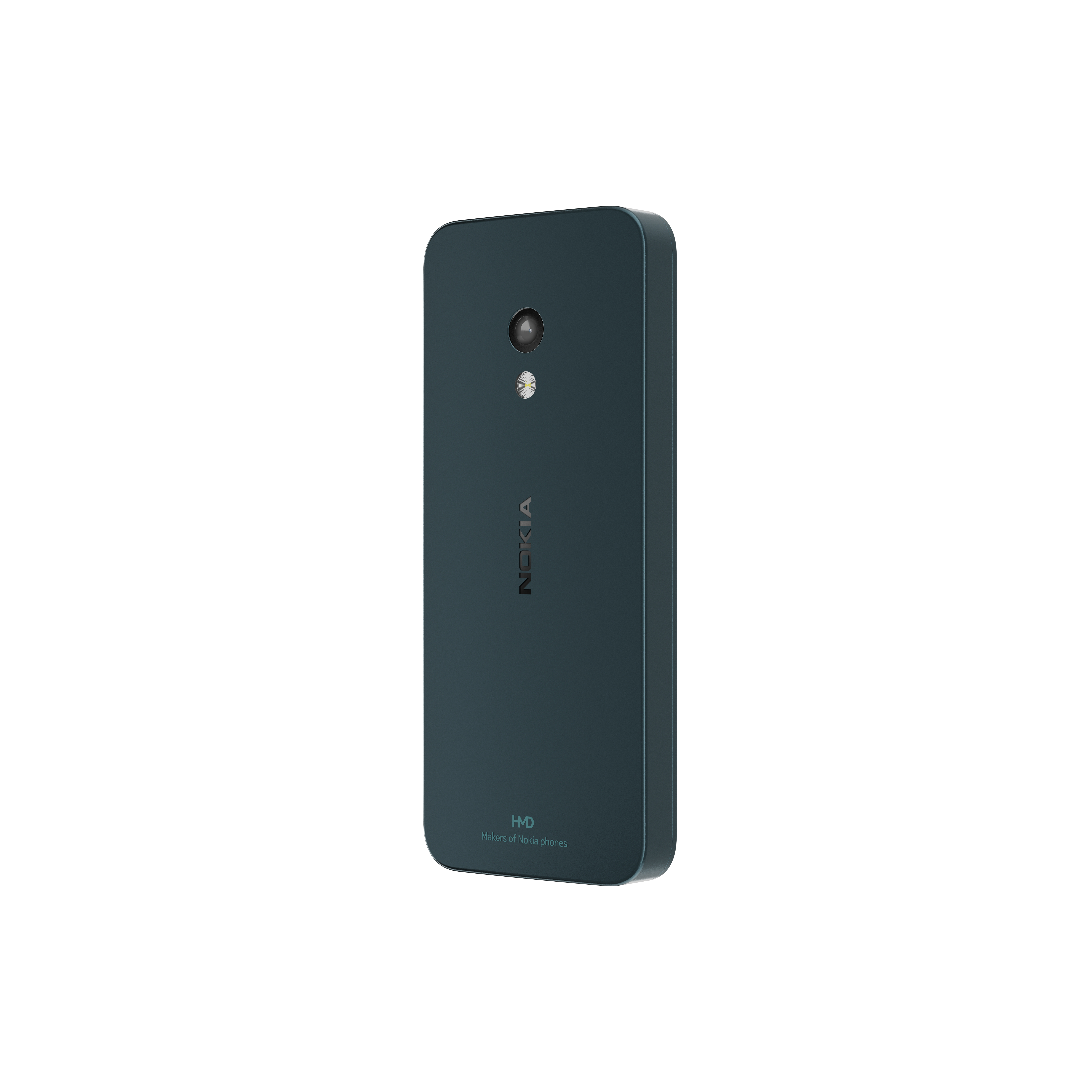 Tył ciemnoniebieskiego telefonu Nokia. Ma aparat i logo. Telefon jest na białym tle.