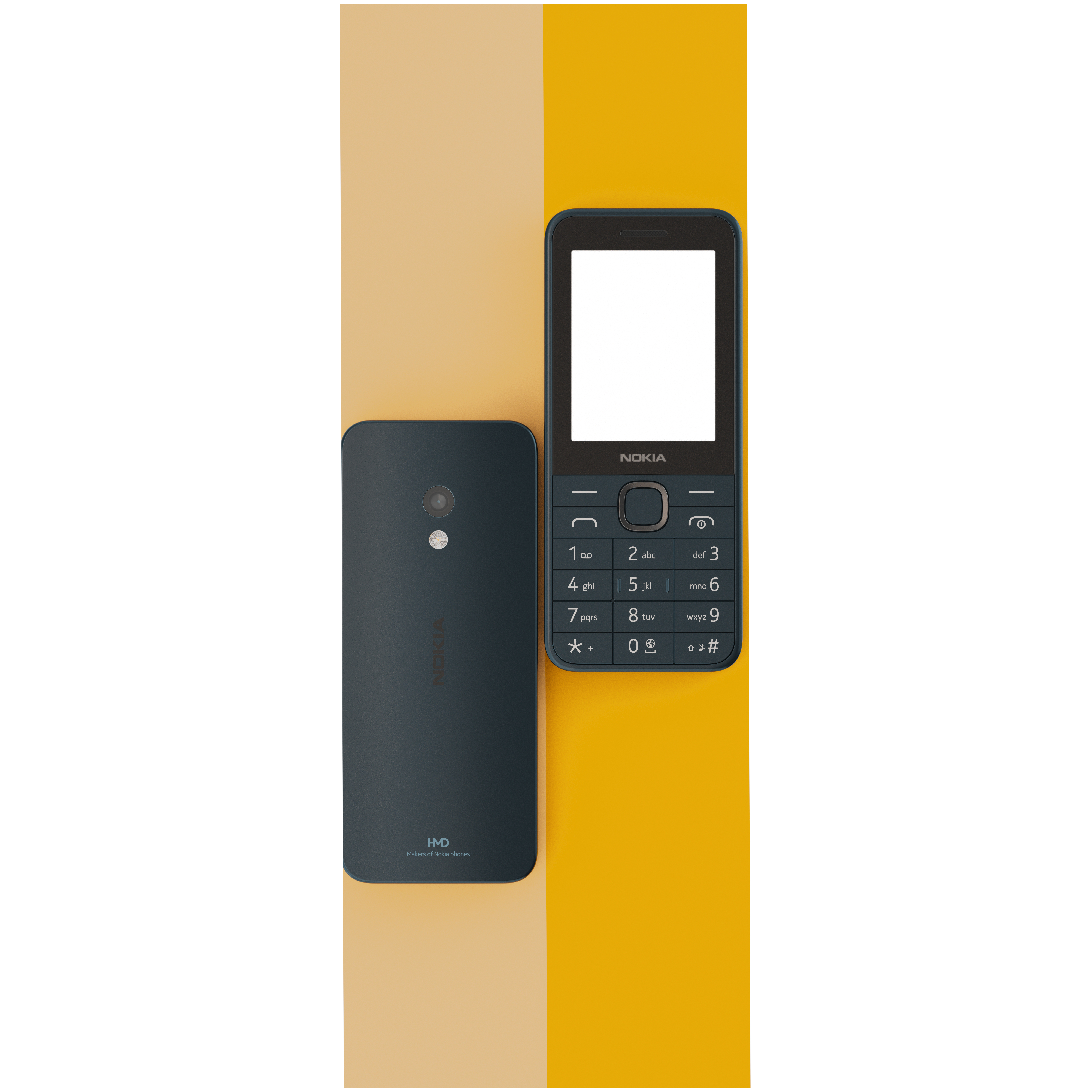 Dwa ciemnoniebieskie telefony Nokia. Jeden pokazuje przód, drugi tył, oba na żółtym i beżowym tle.
