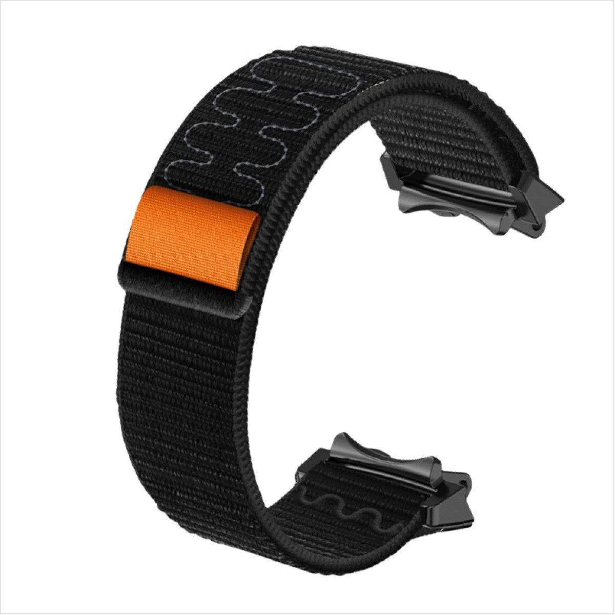 Schwarzes Uhrenarmband mit orangefarbenem Detail. Das Armband ist aus Stoff und hat eine Schnalle.