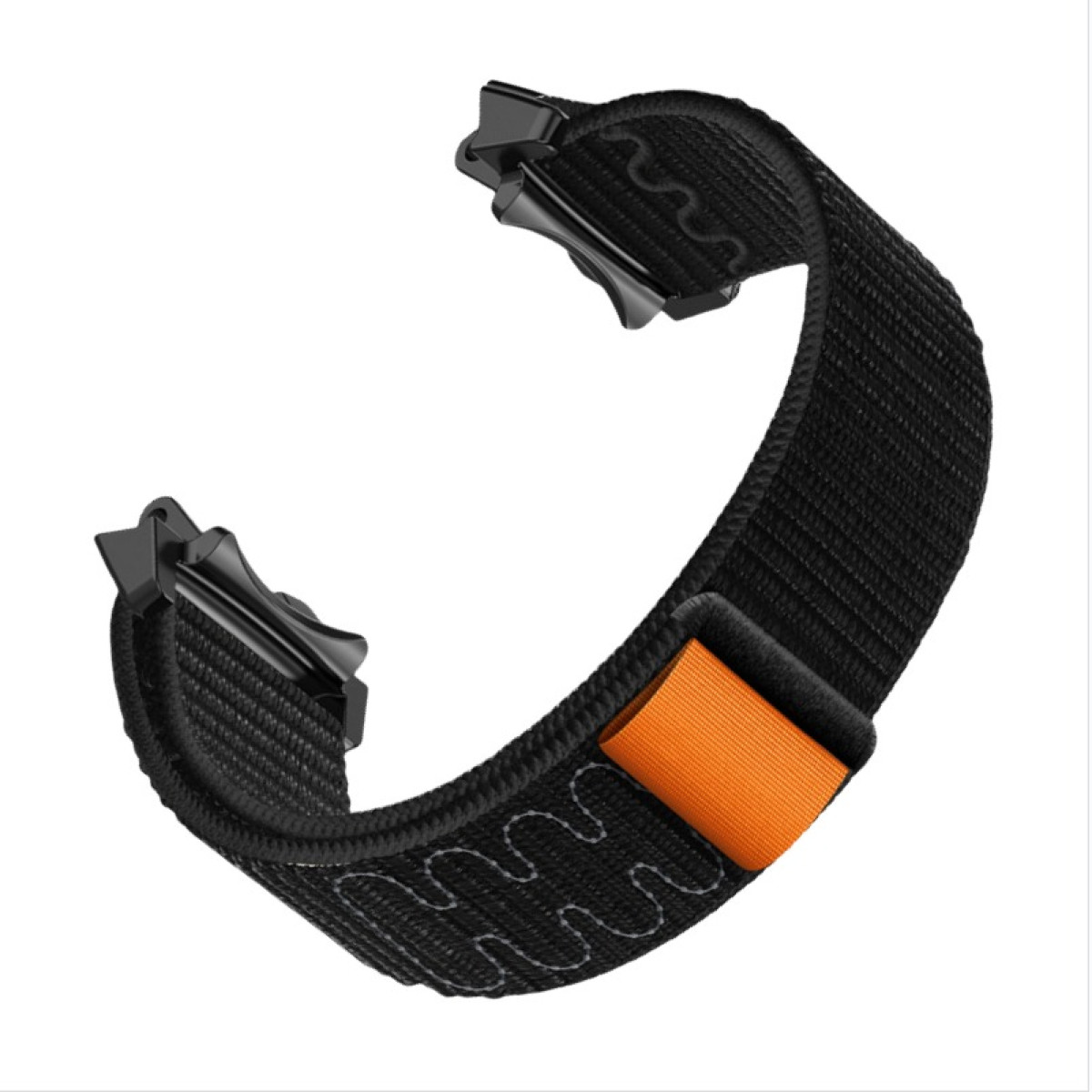 Schwarzes Uhrenarmband mit orangefarbenem Akzent. Zwei schwarze Verschlüsse. Weißer Hintergrund.