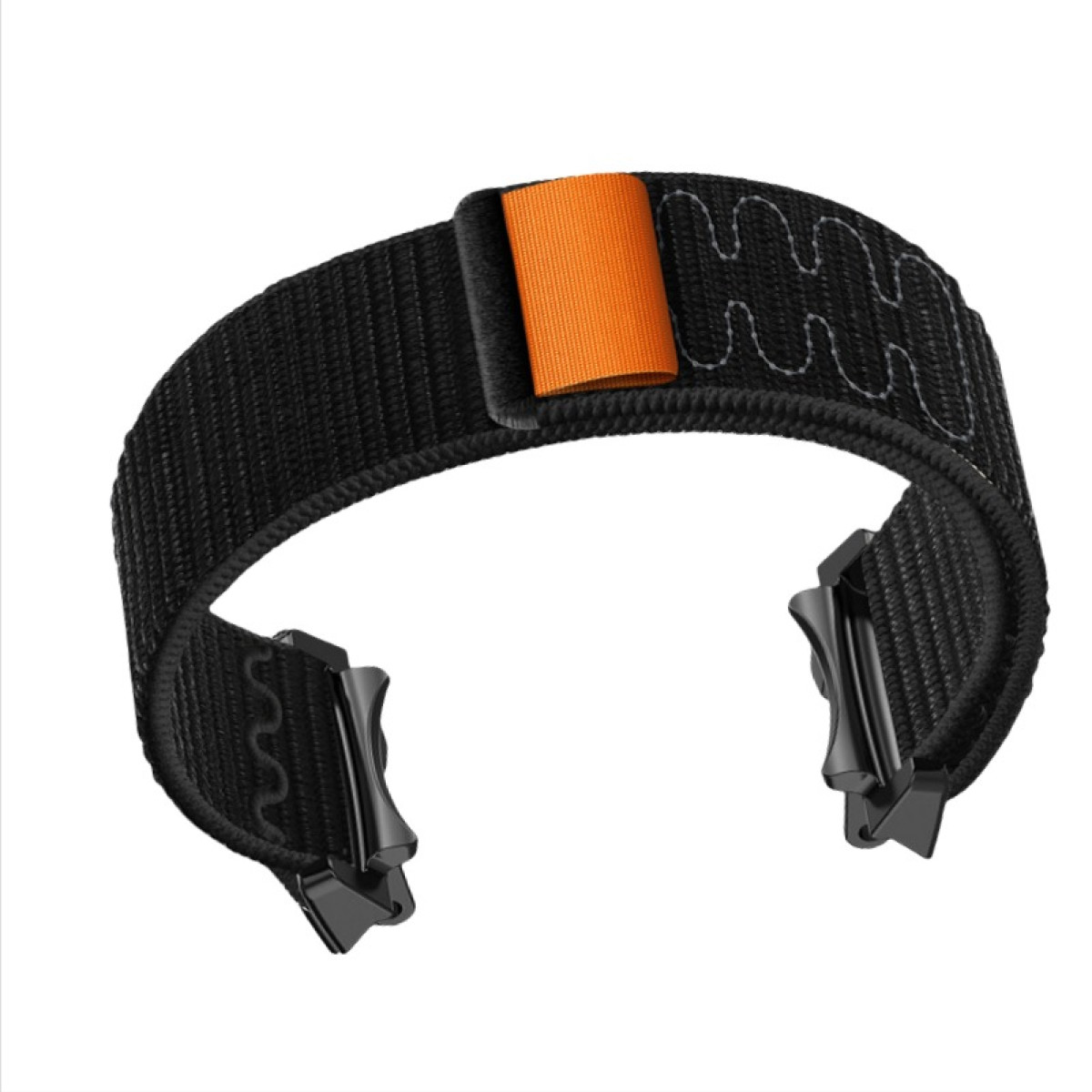 Ein schwarzes Uhrenarmband mit orangefarbenem Verschluss. Das Armband ist strukturiert mit sichtbaren Nähten und Metallclips.