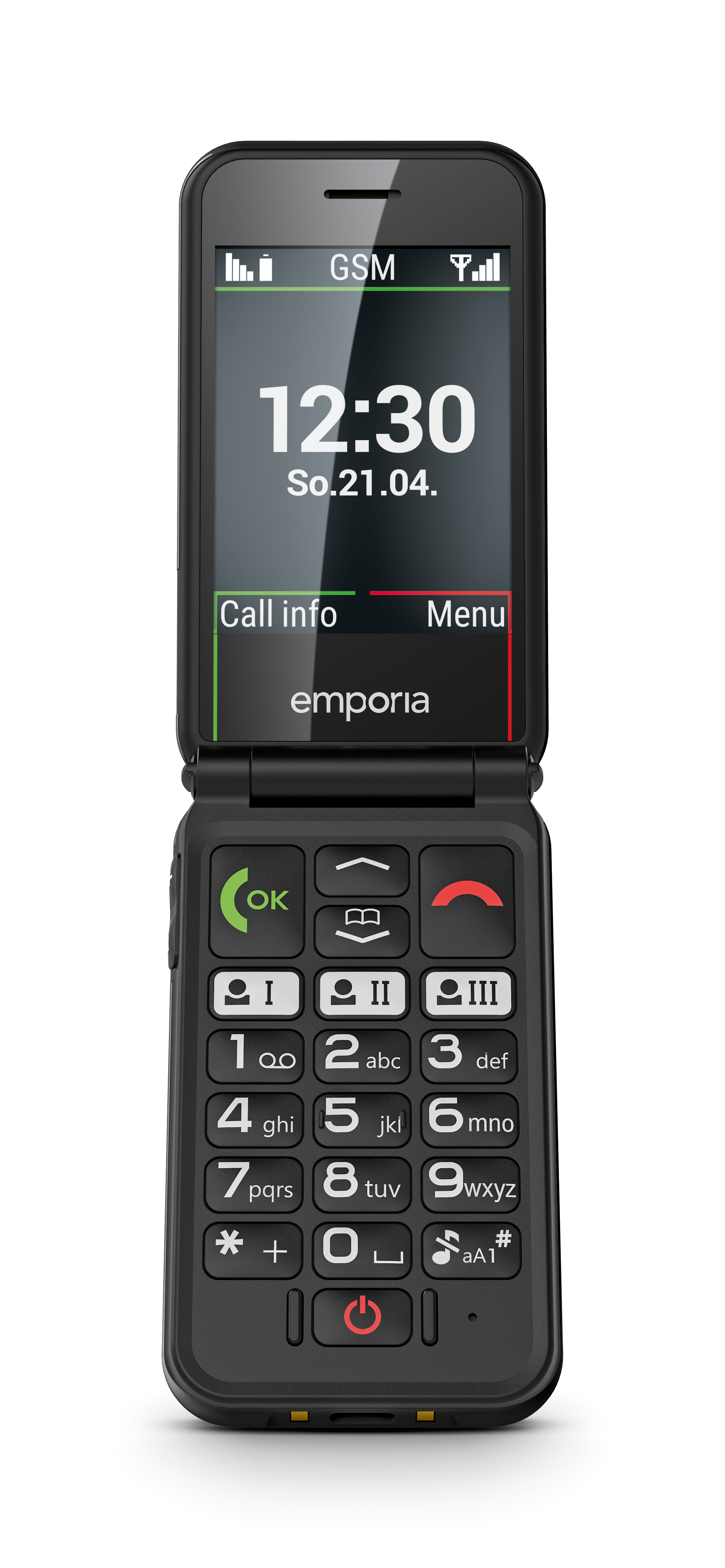 Schwarzes Klapphandy, geöffnet. Zeigt Zeit und Anrufinformationen an. Hat große Zifferntasten und eine OK-Taste.