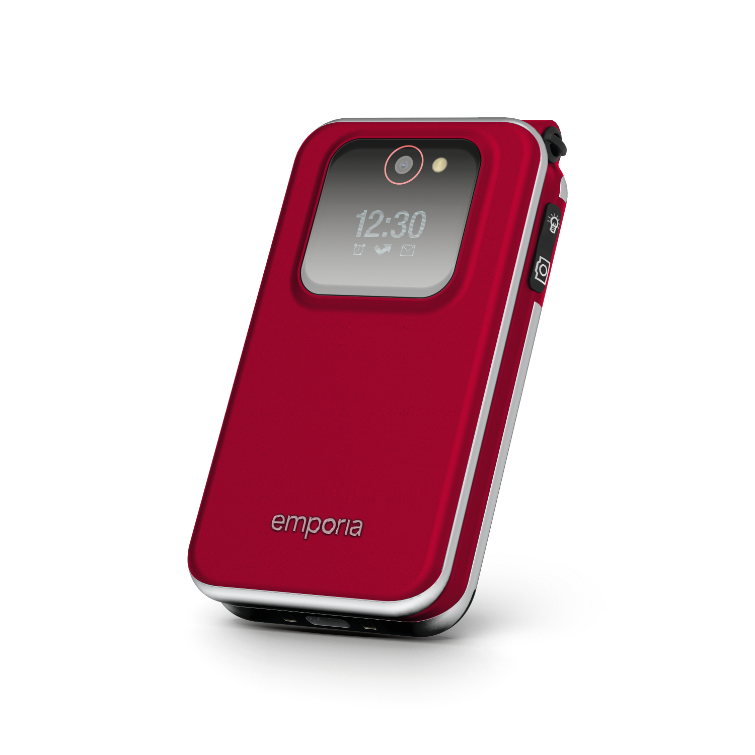 Czerwony telefon z klapką, zamknięty, z ekranem pokazującym 12:30. Widoczne logo Emporia.