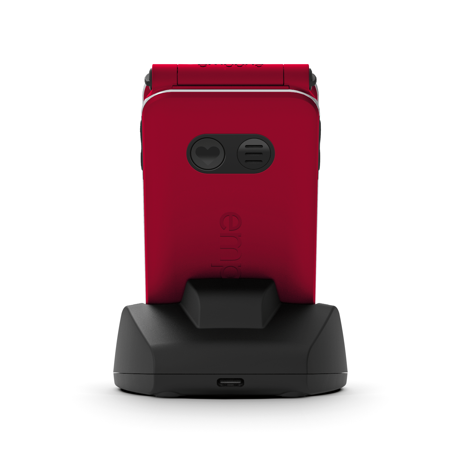 Czerwony telefon z klapką na czarnej stacji ładującej. Tył telefonu pokazuje dwa przyciski i markę emporia.