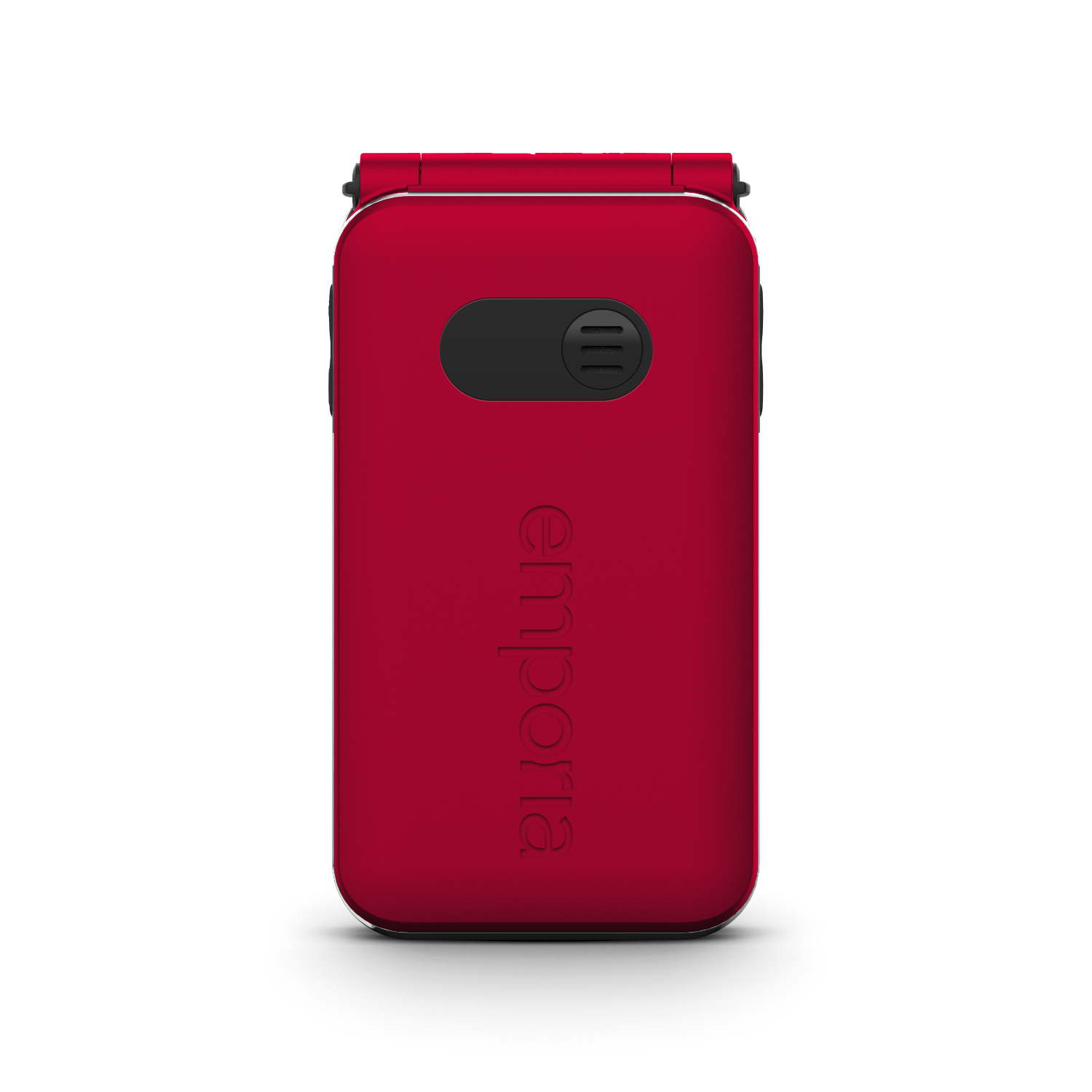 Czerwony telefon z klapką Emporia, zamknięty, z czarnym tyłem i logo, na czarnym tle.