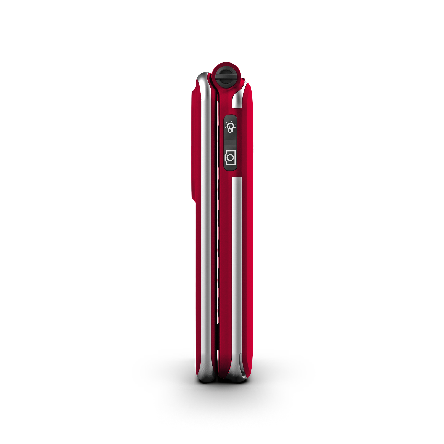 Czerwony telefon z klapką zamknięty, z chromowanymi akcentami, na czarnym tle.