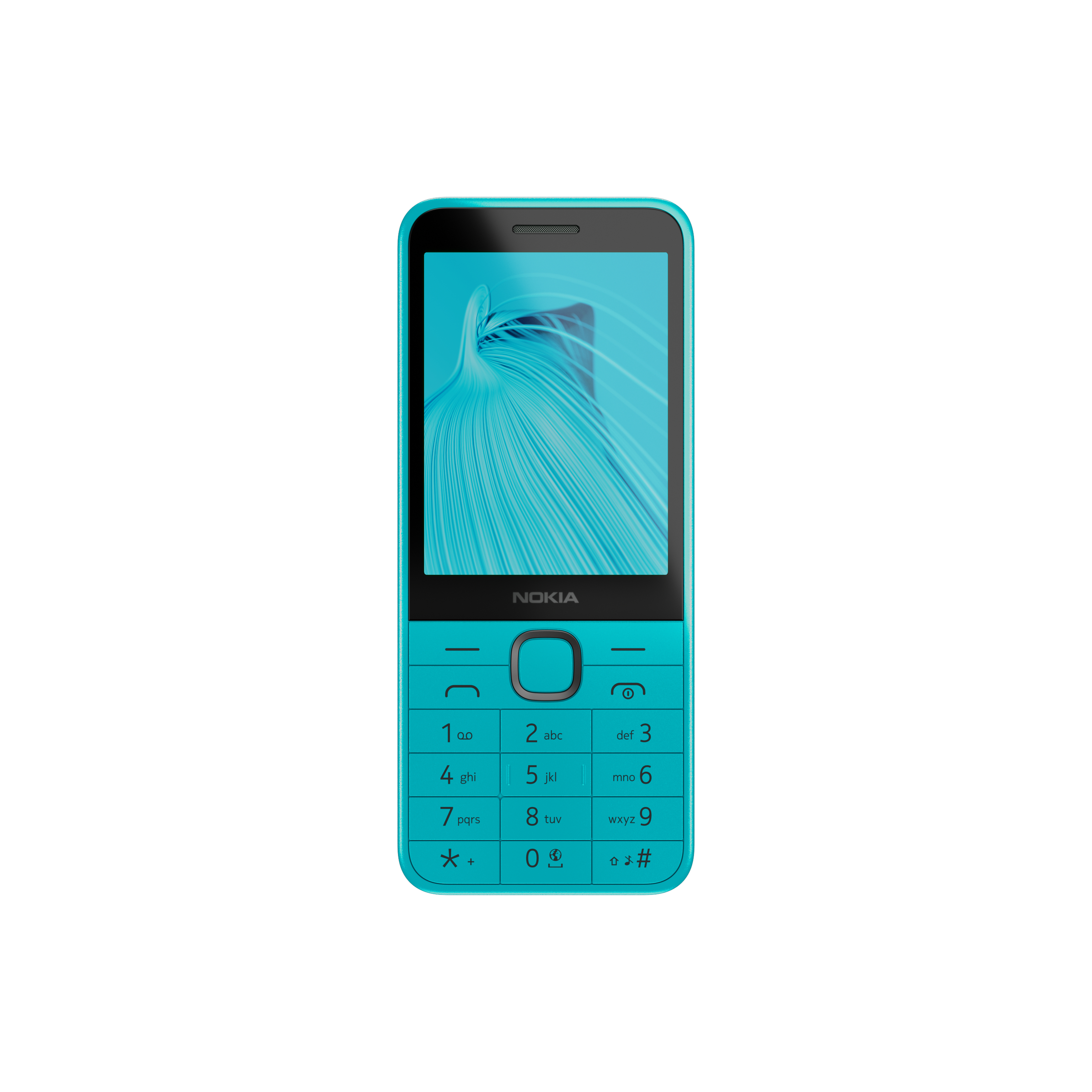 Telefono Nokia turchese con uno schermo che mostra un design astratto. Ha un tastierino numerico.