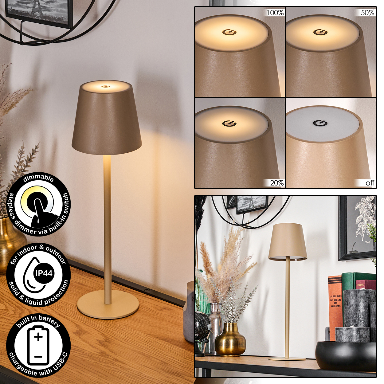 Tischlampen mit beigen Schirmen, mit unterschiedlichen Lichtstärken. Es gibt informative Symbole.