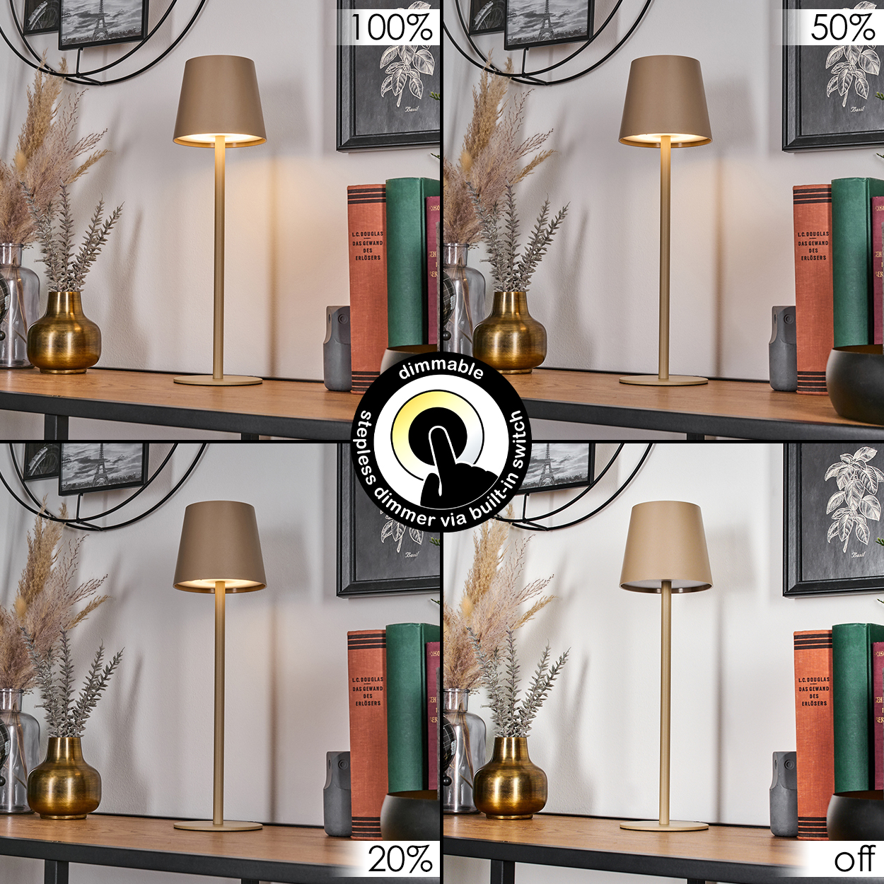 Tischlampen mit beigen Schirmen und unterschiedlichen Lichtstärken. Informationssymbole sind zu sehen.