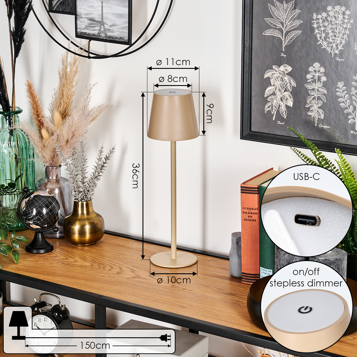 Beige Tischlampe mit Maßen, auf einem Tisch mit Dekoration. Ein USB-C-Anschluss und ein Dimmschalter sind gezeigt.