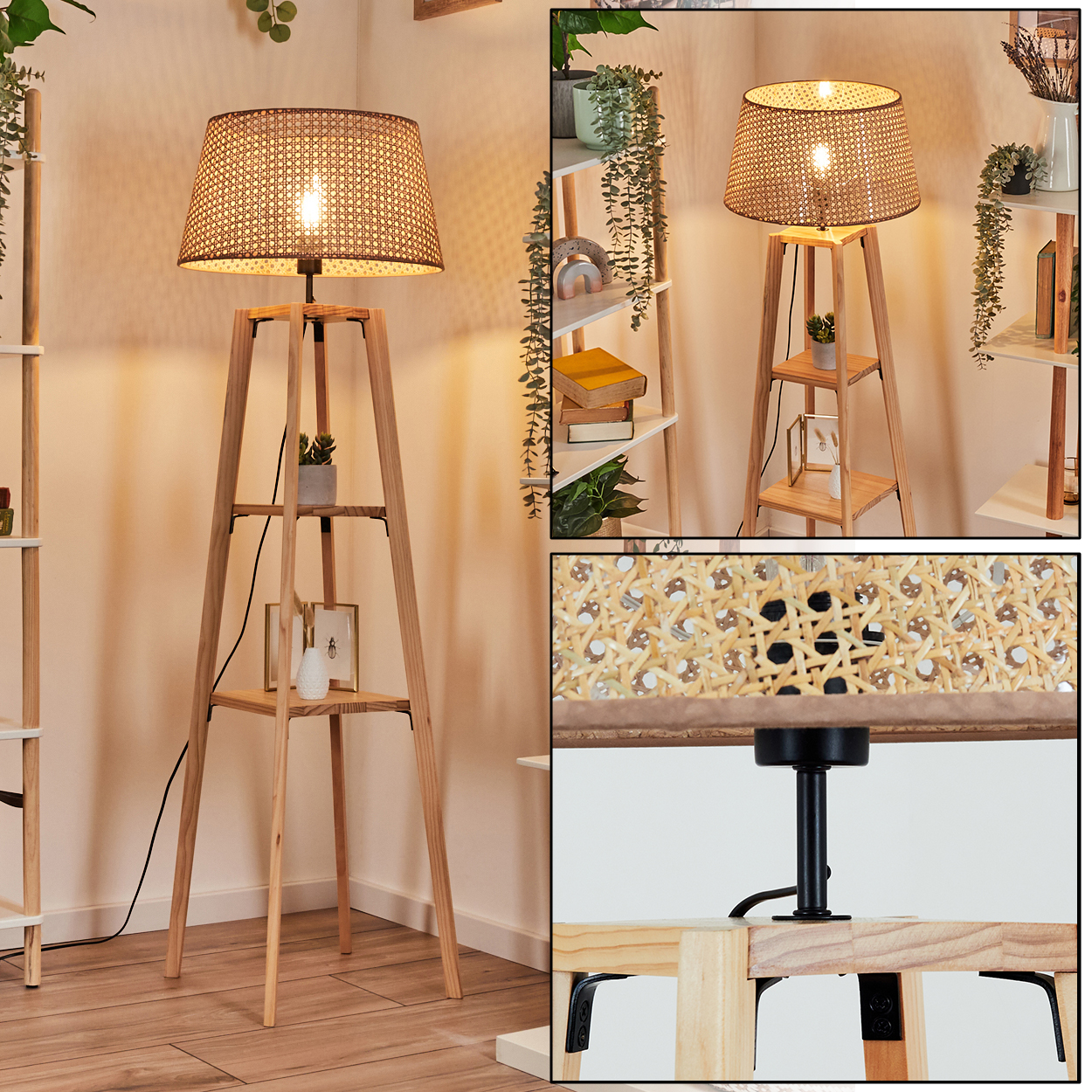 Holz-Stehlampe mit gewebtem Lampenschirm. Pflanzen und Bücher auf Regalen. Beleuchteter Raum.
