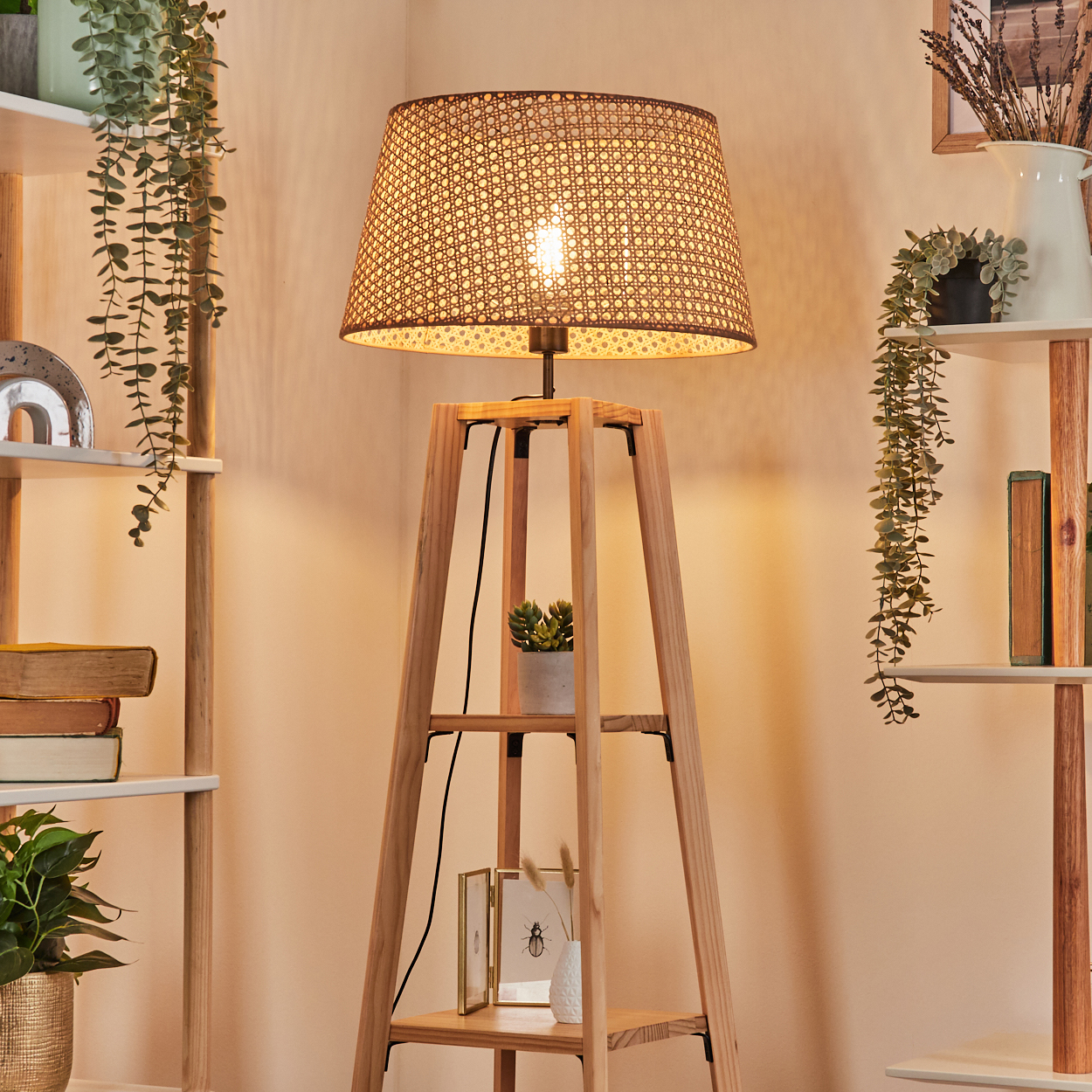Holzlampe mit gewebtem Schirm, Regale mit Dekoration, Hängepflanzen und einer leuchtenden Glühbirne im Schirm.