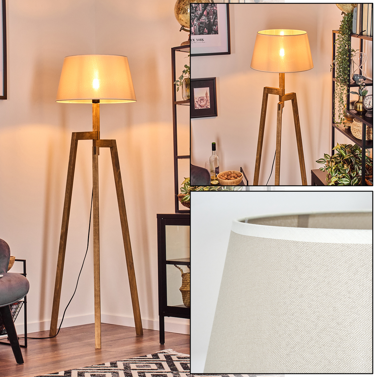 Eine hölzerne Stehlampe mit beigem Schirm, in einem Raum mit Dekorationselementen.