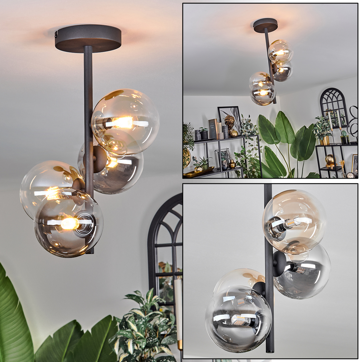 Drei Ansichten einer Deckenlampe mit drei Glaskugeln mit Lichtern, die Raumdetails reflektieren.