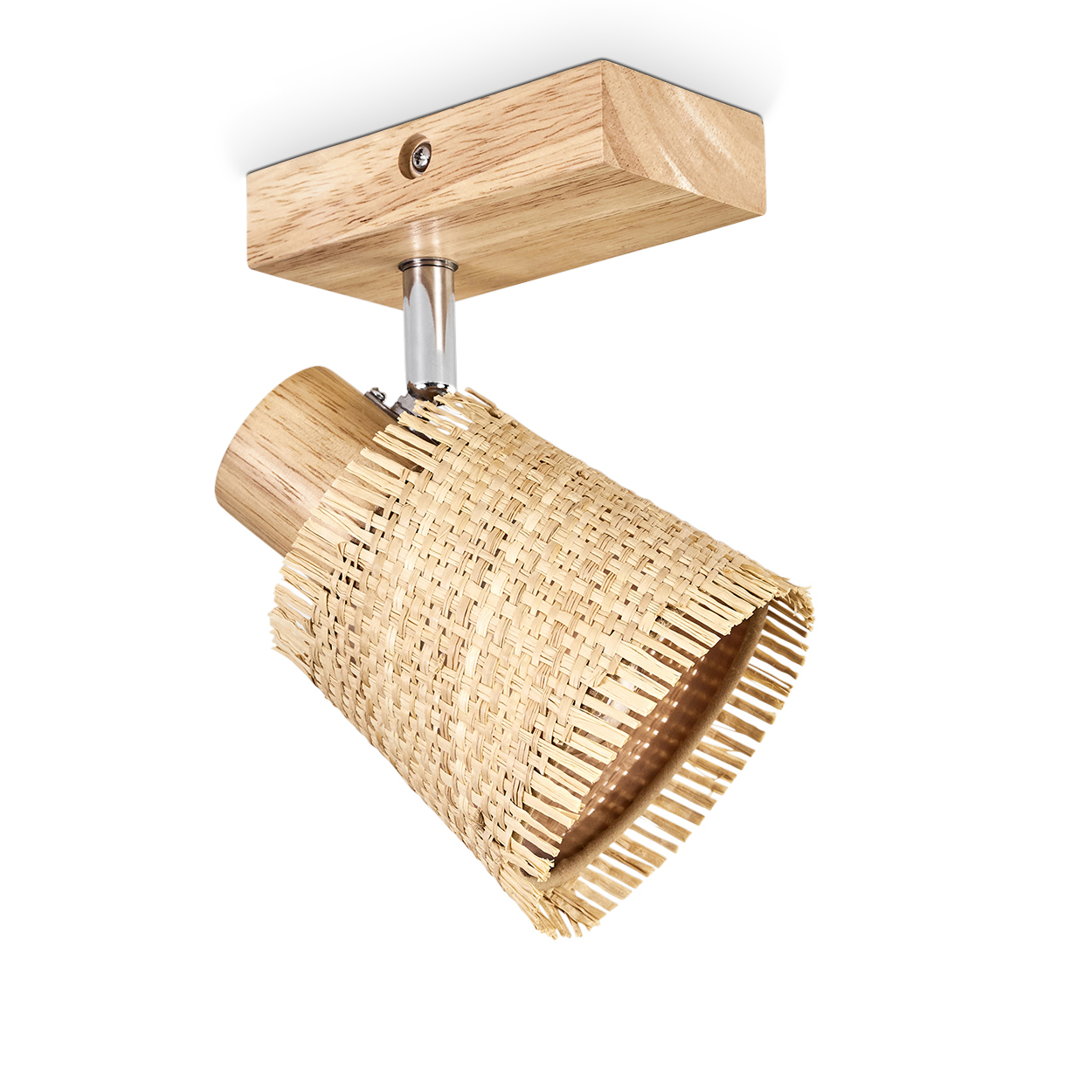 Eine Leuchte mit Holzsockel und einem Schirm aus geflochtenem Rattan. Das Licht ist nach unten gerichtet.