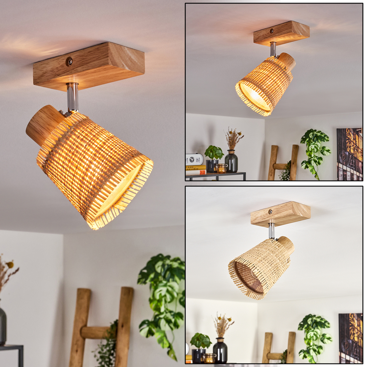 Drei Bilder einer Spotlampe mit gewebtem Bambus-Schirm, montiert auf Holzsockel.
