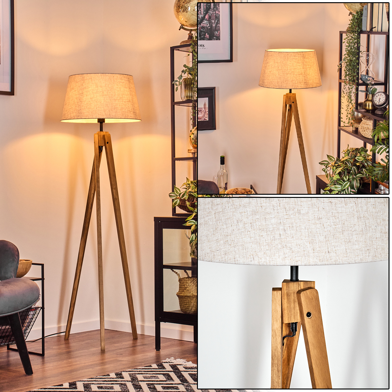 Eine hölzerne Stativ-Stehlampe mit beigem Schirm, in einer Raumeinrichtung mit Pflanzen und Deko.