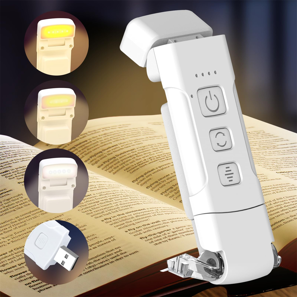 Weiße Leselampe mit USB-Ladegerät, auf einem Buch platziert.