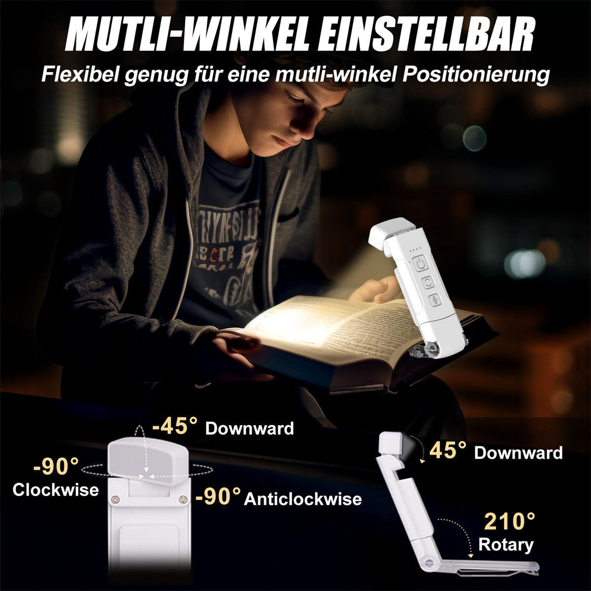 Junger Mann liest mit einer weißen, verstellbaren Leselampe.