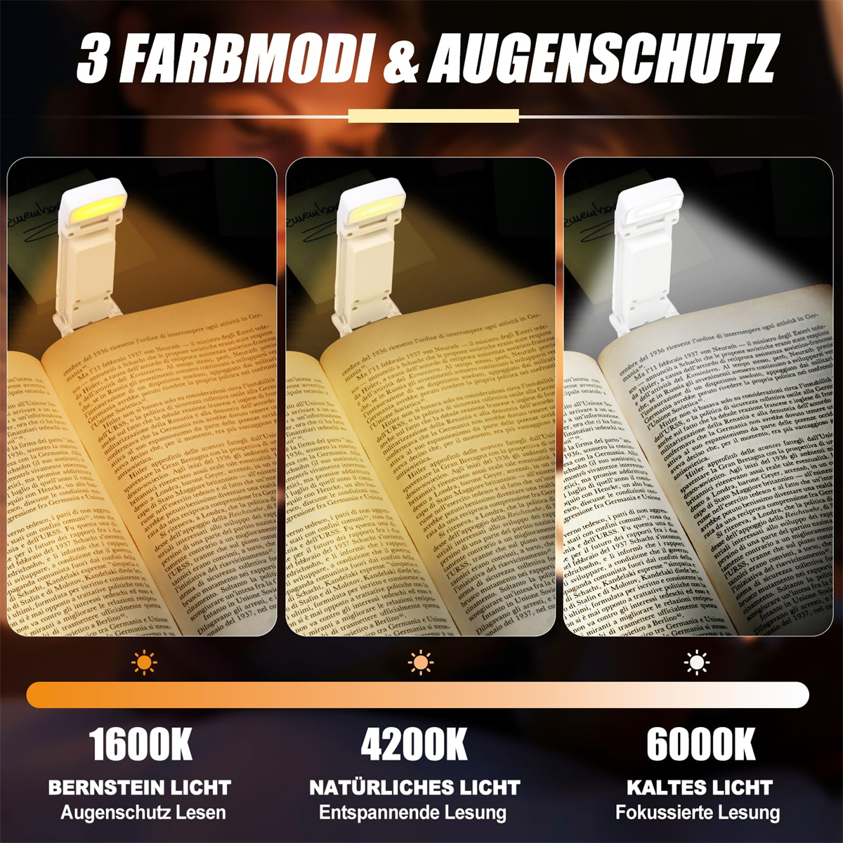 Ein Buch beleuchtet von einer Leselampe, zeigt drei verschiedene Lichtmodi.