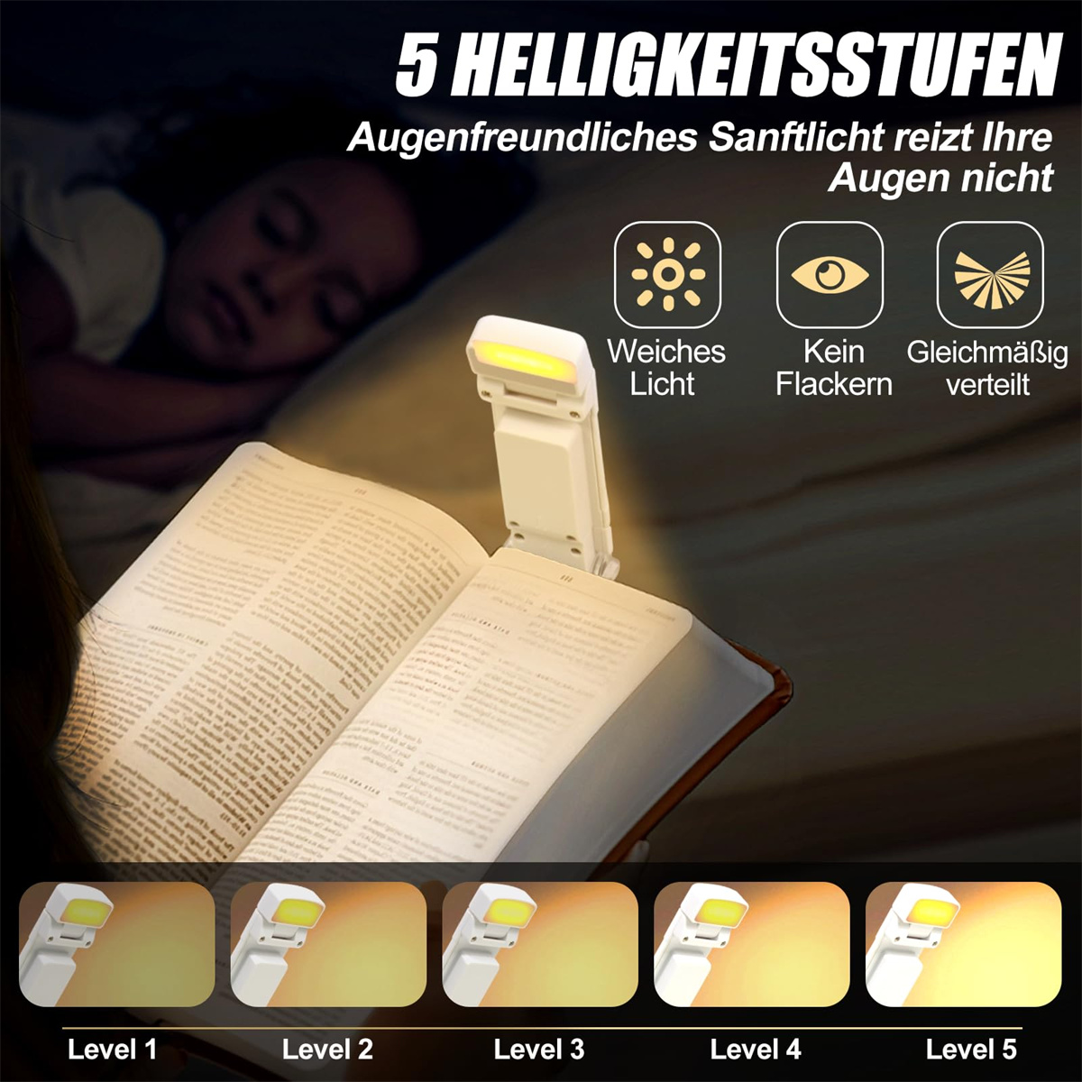 Buch, beleuchtet von einer kleinen, verstellbaren Leselampe mit verschiedenen Einstellungen.