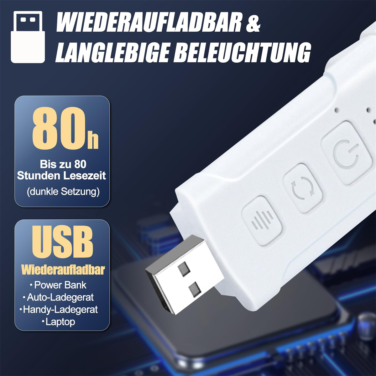 Weiße Leselampe mit USB-Anschluss, Ladesymbol und 80h Akkulaufzeit.