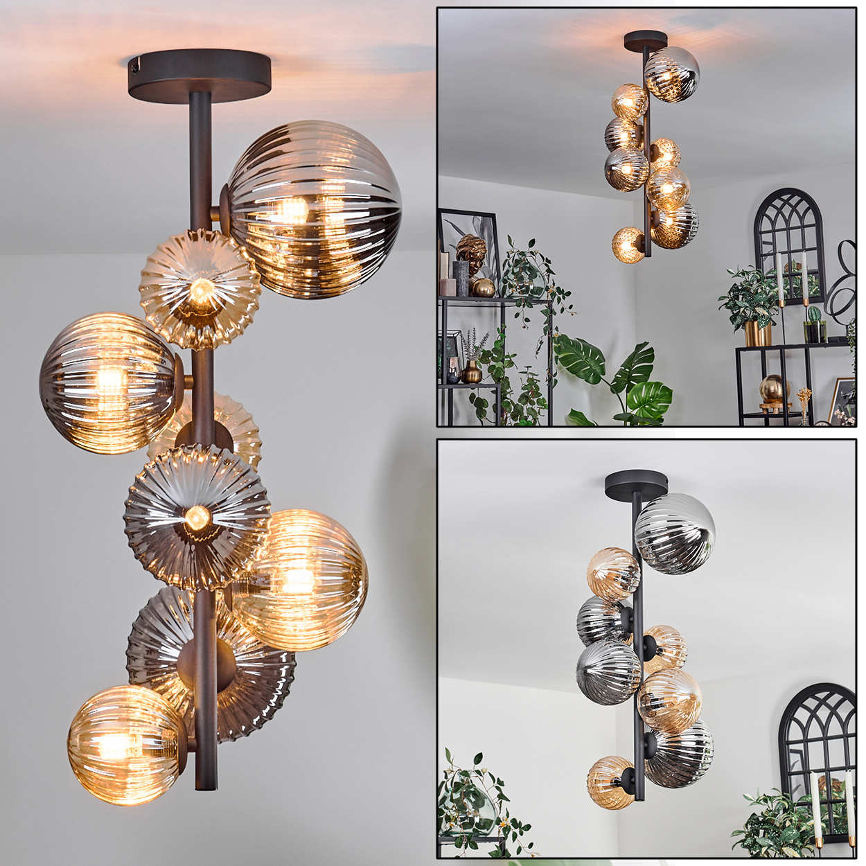 Eine Lampe mit mehreren Glaskugeln. Eine Seitenansicht und eine Nahaufnahme sind enthalten.