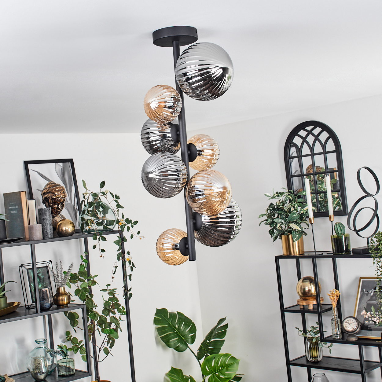 Ein Raum mit einer schwarzen Lampe, einem Regal mit Pflanzen und Dekoration und einem schwarzen Spiegel.